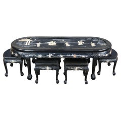 Vintage Chinese Black Lacquer MOP Soapstone Pagoda Geisha Coffee Tea Table & 6 Stools