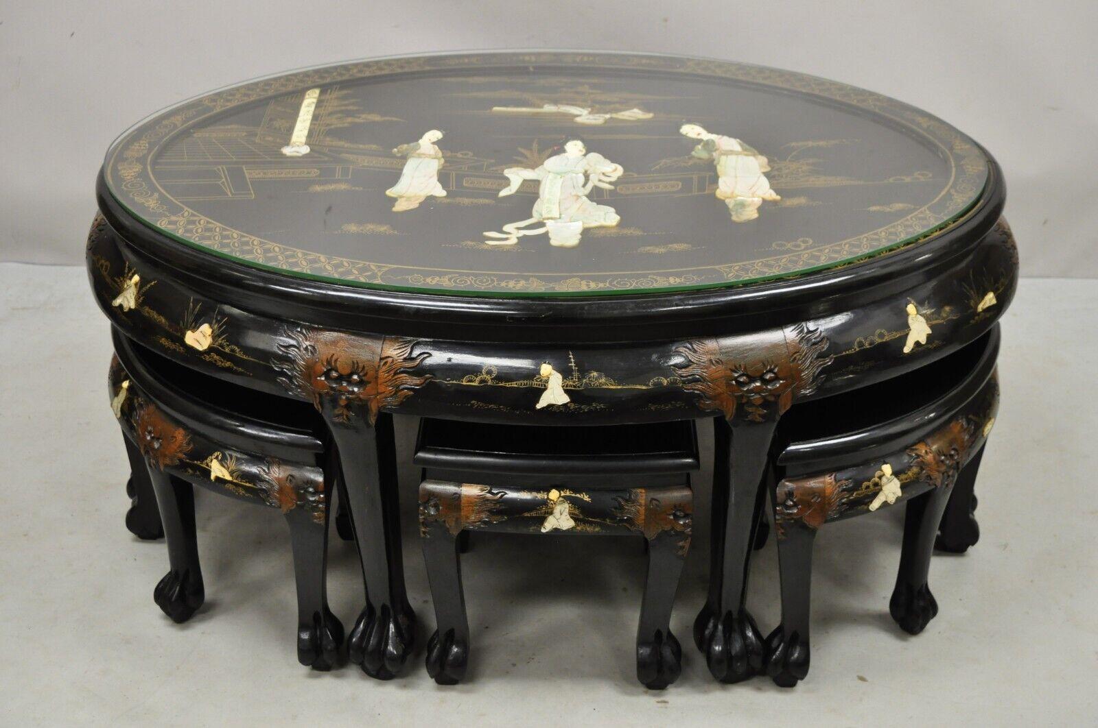 Chinese Black Lacquer Mother of Pearl Oval Nesting Coffee Table Set 6 Stools - A For Sale 1