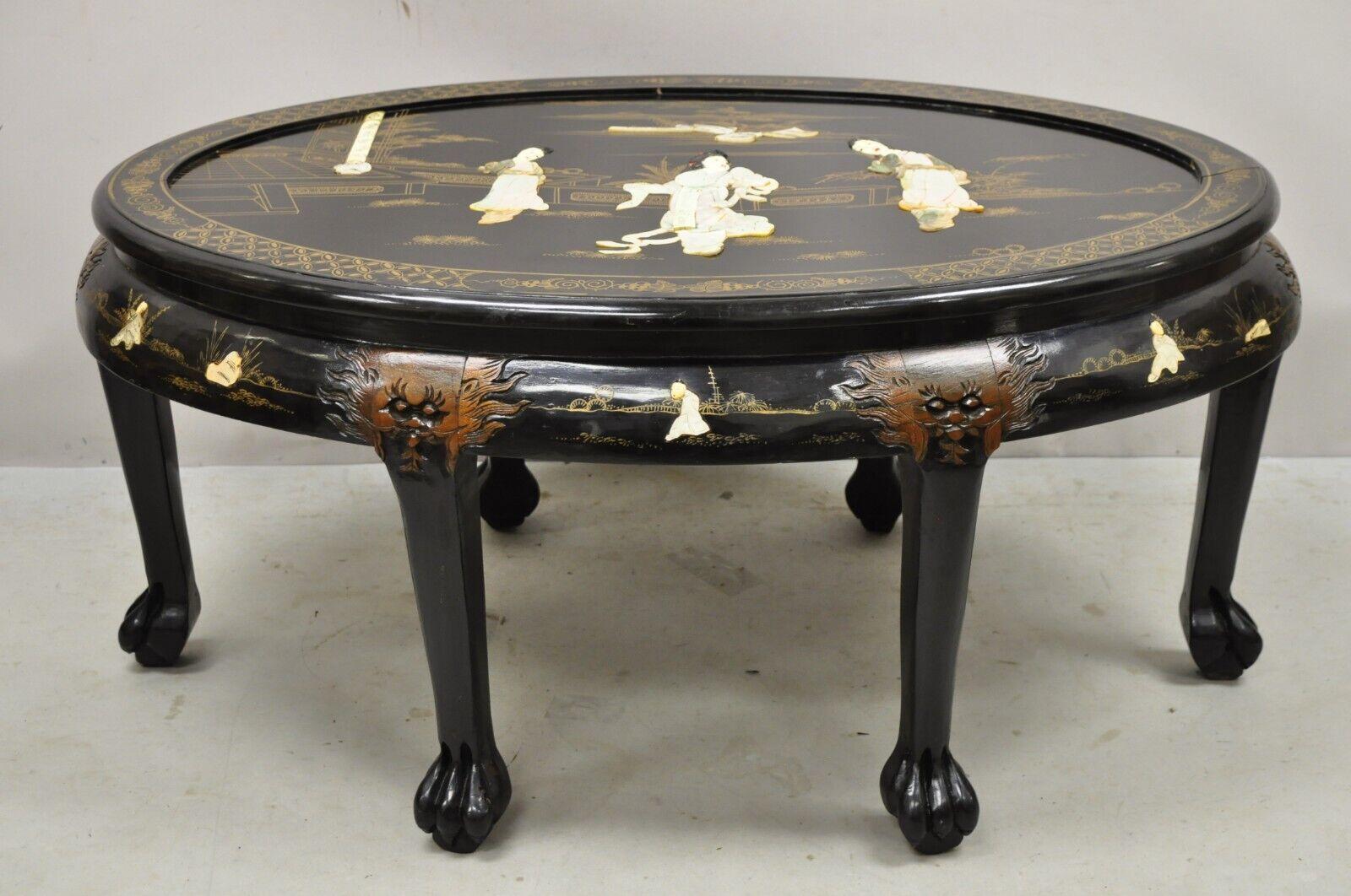 Vintage Chinese Black Lacquer Mother of Pearl Oval Nesting Coffee Table Set - 6 Stools - A. Item features a custom oval glass top, black lacquer finish, mother of pearl figural inlay throughout, very nice vintage set, great style and form, listing