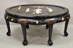 Chinese Black Lacquer Mother of Pearl Oval Nesting Coffee Table Set 6 Stools - A
