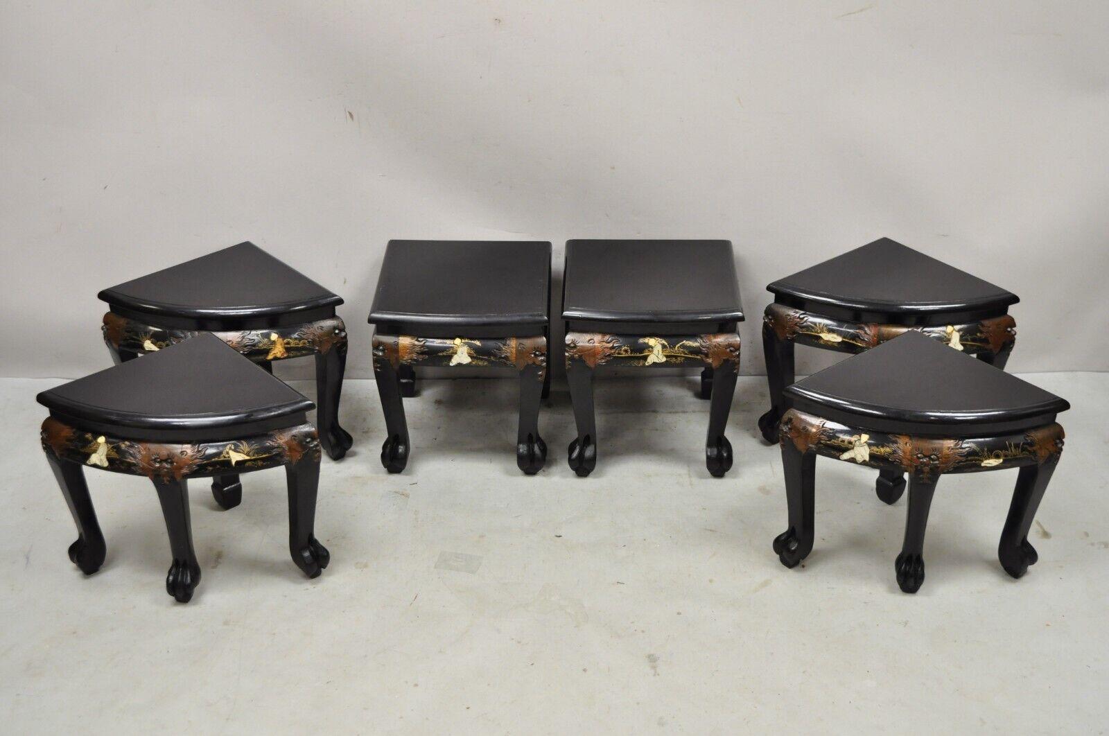 Chinese Export Chinese Black Lacquer Mother of Pearl Oval Nesting Coffee Table Set 6 Stools - A For Sale