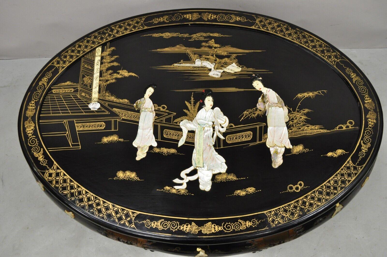Chinese Black Lacquer Mother of Pearl Oval Nesting Coffee Table Set 6 Stools - A In Good Condition For Sale In Philadelphia, PA
