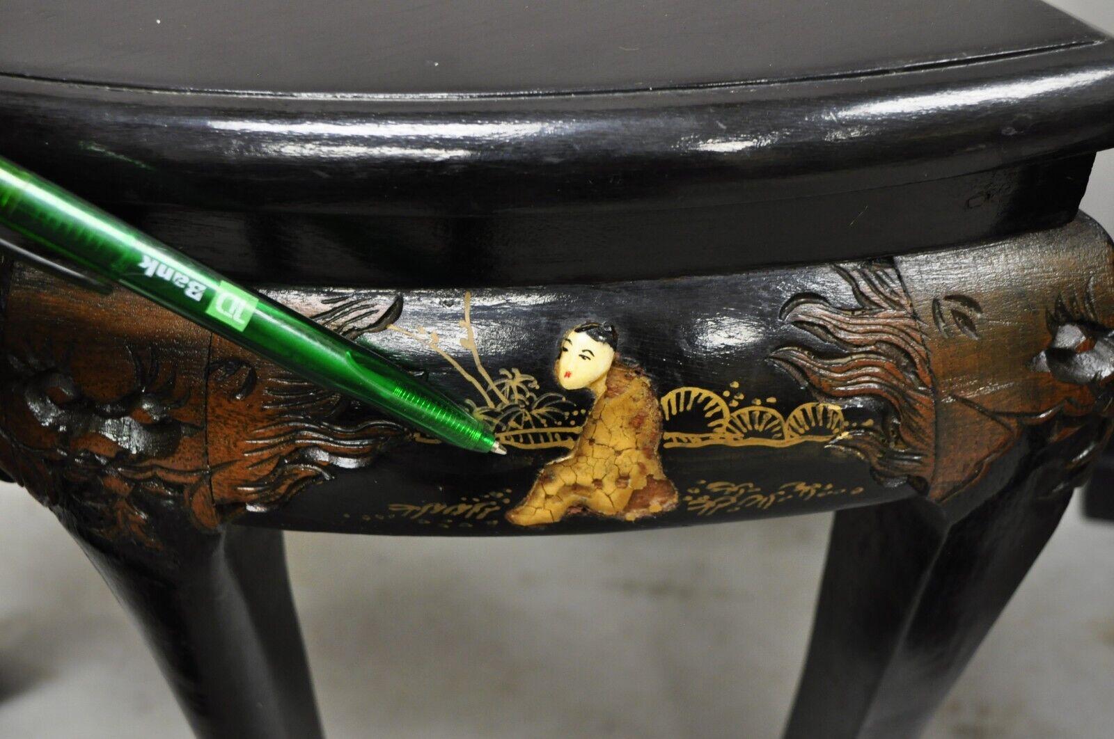 Chinese Black Lacquer Mother of Pearl Oval Nesting Coffee Table Set 6 Stools - A In Good Condition In Philadelphia, PA