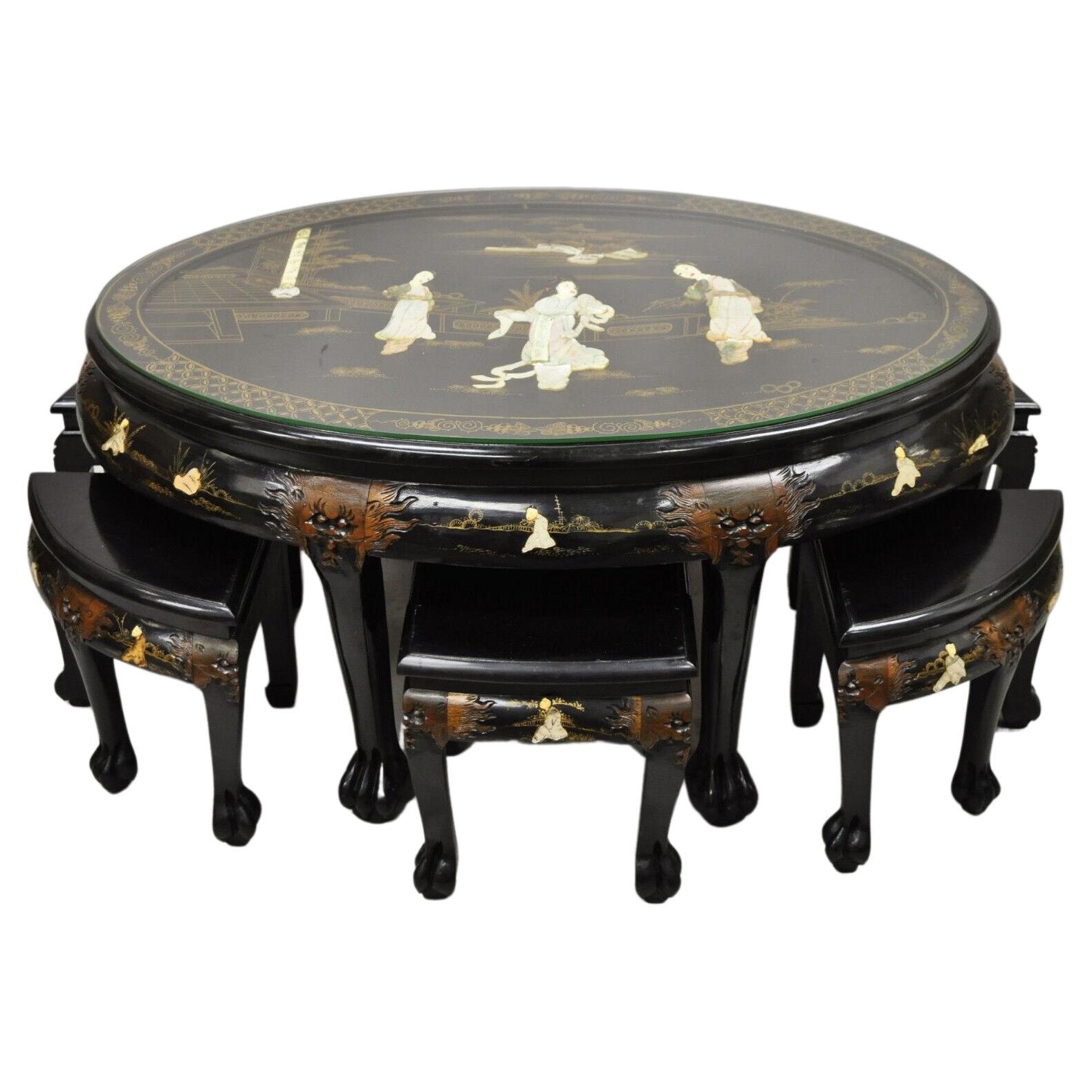 Chinese Black Lacquer Mother of Pearl Oval Nesting Coffee Table Set 6 Stools - A