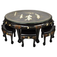 Juego de mesa de centro nido ovalada de nácar lacado negro chino 6 taburetes - A