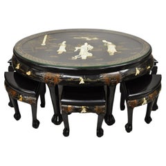 Vintage Chinese Black Lacquer Mother of Pearl Oval Nesting Coffee Table Set 6 Stools - A