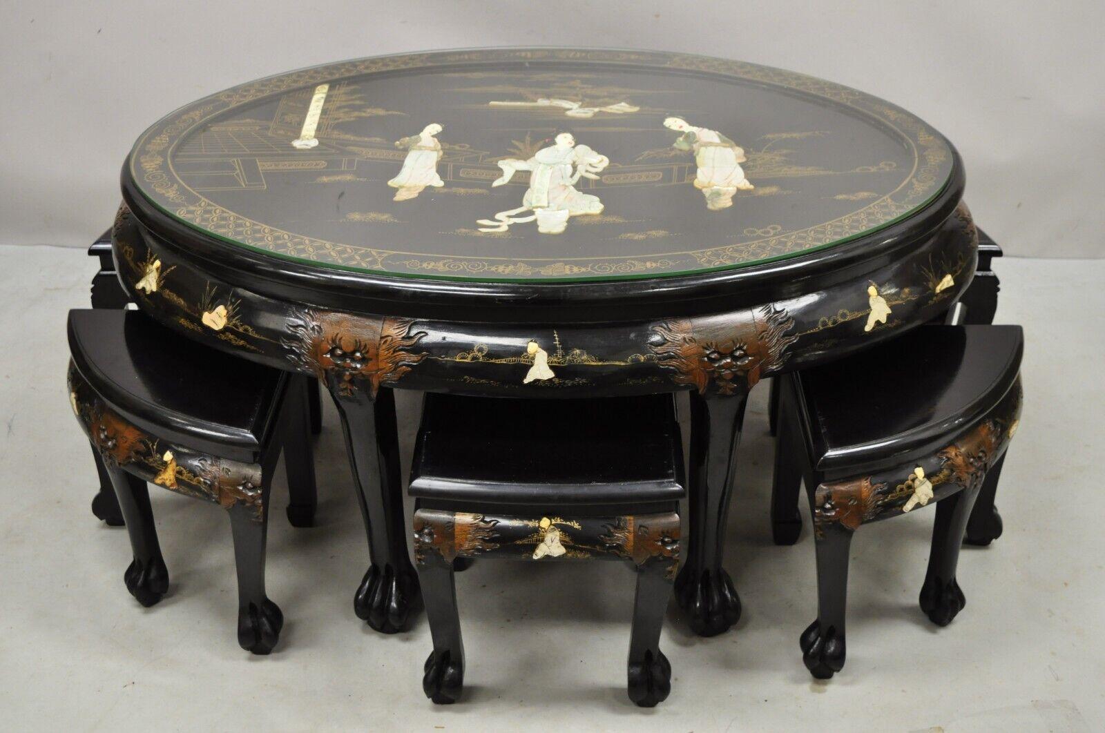 Chinese Black Lacquer Mother of Pearl Oval Nesting Coffee Table Set 6 Stools, B 2