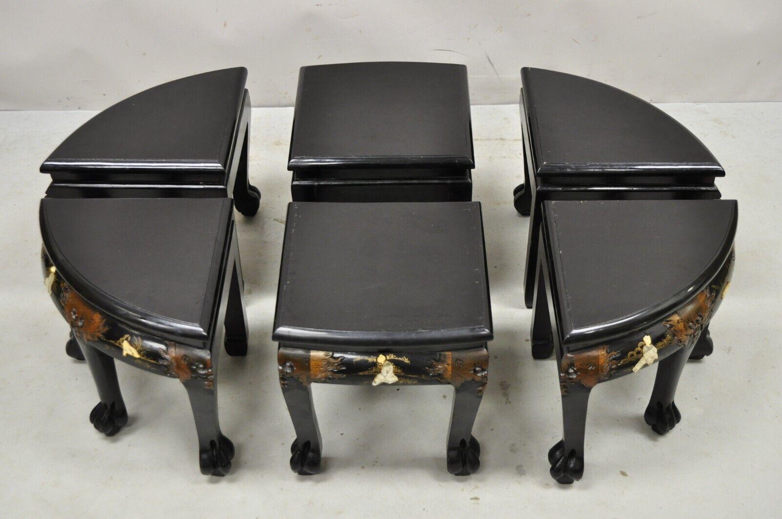 Chinese Black Lacquer Mother of Pearl Oval Nesting Coffee Table Set 6 Stools, B In Good Condition In Philadelphia, PA