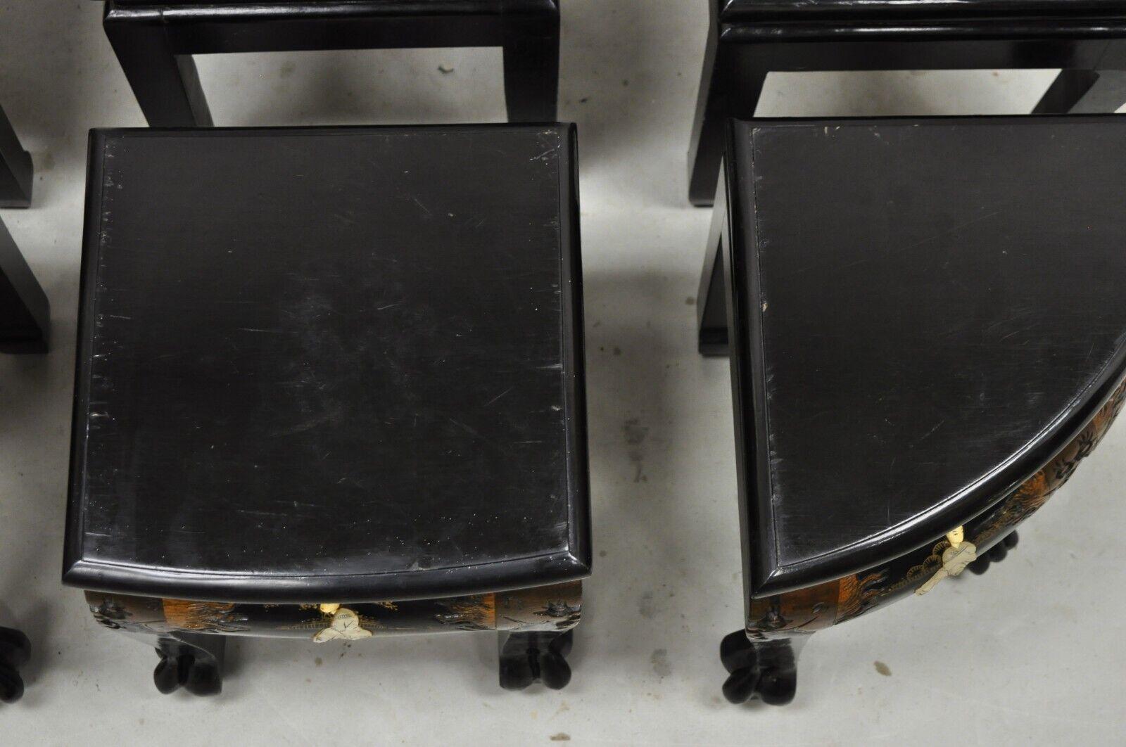 20th Century Chinese Black Lacquer Mother of Pearl Oval Nesting Coffee Table Set 6 Stools, B