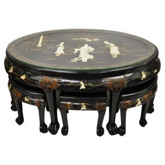 Vintage Chinese Black Lacquer Mother of Pearl Oval Nesting Coffee Table Set 6 Stools, B