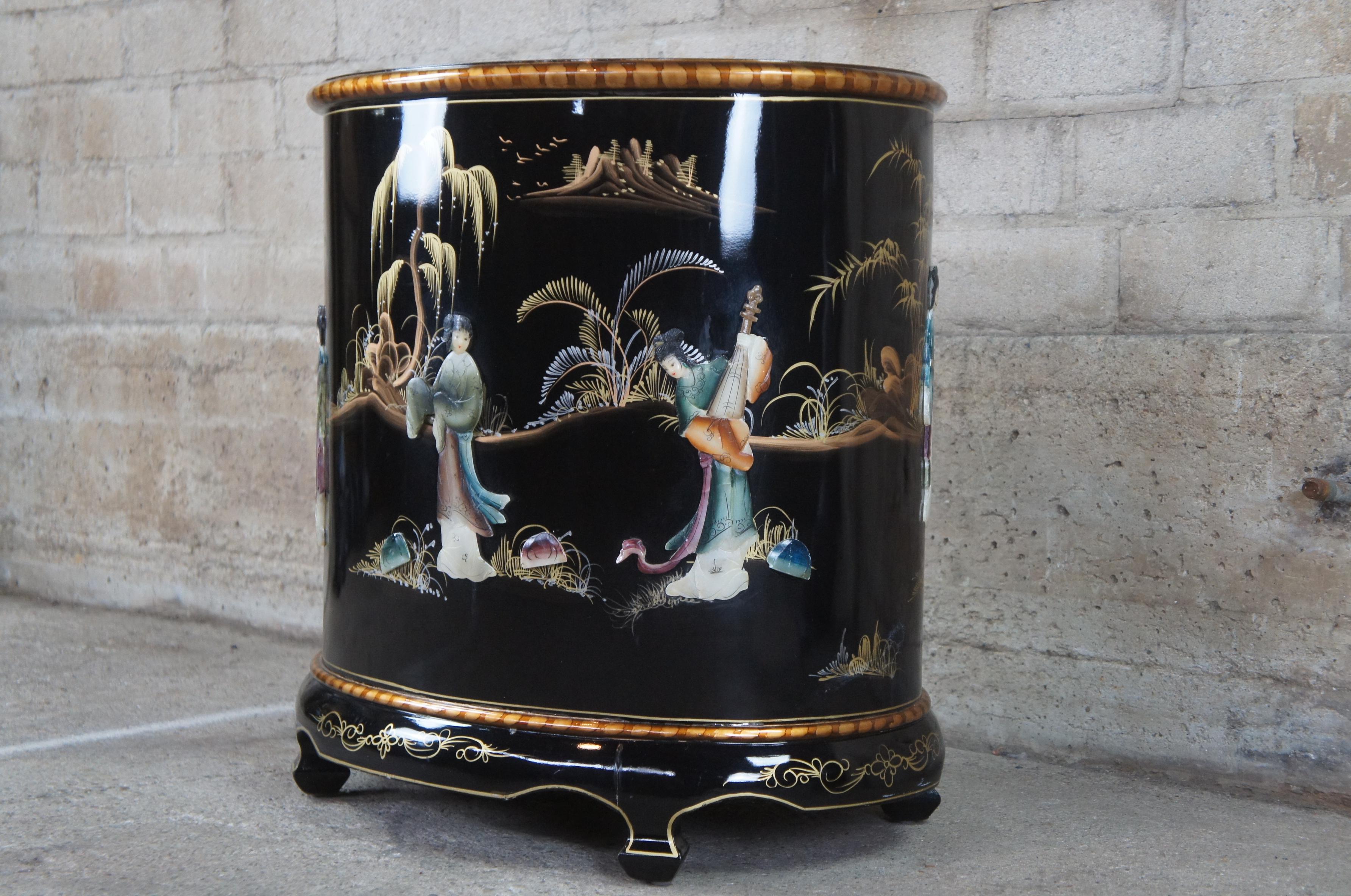 Chinese Black Lacquer Oval Three Drawer Chest End Table Soapstone Chinoiserie 6