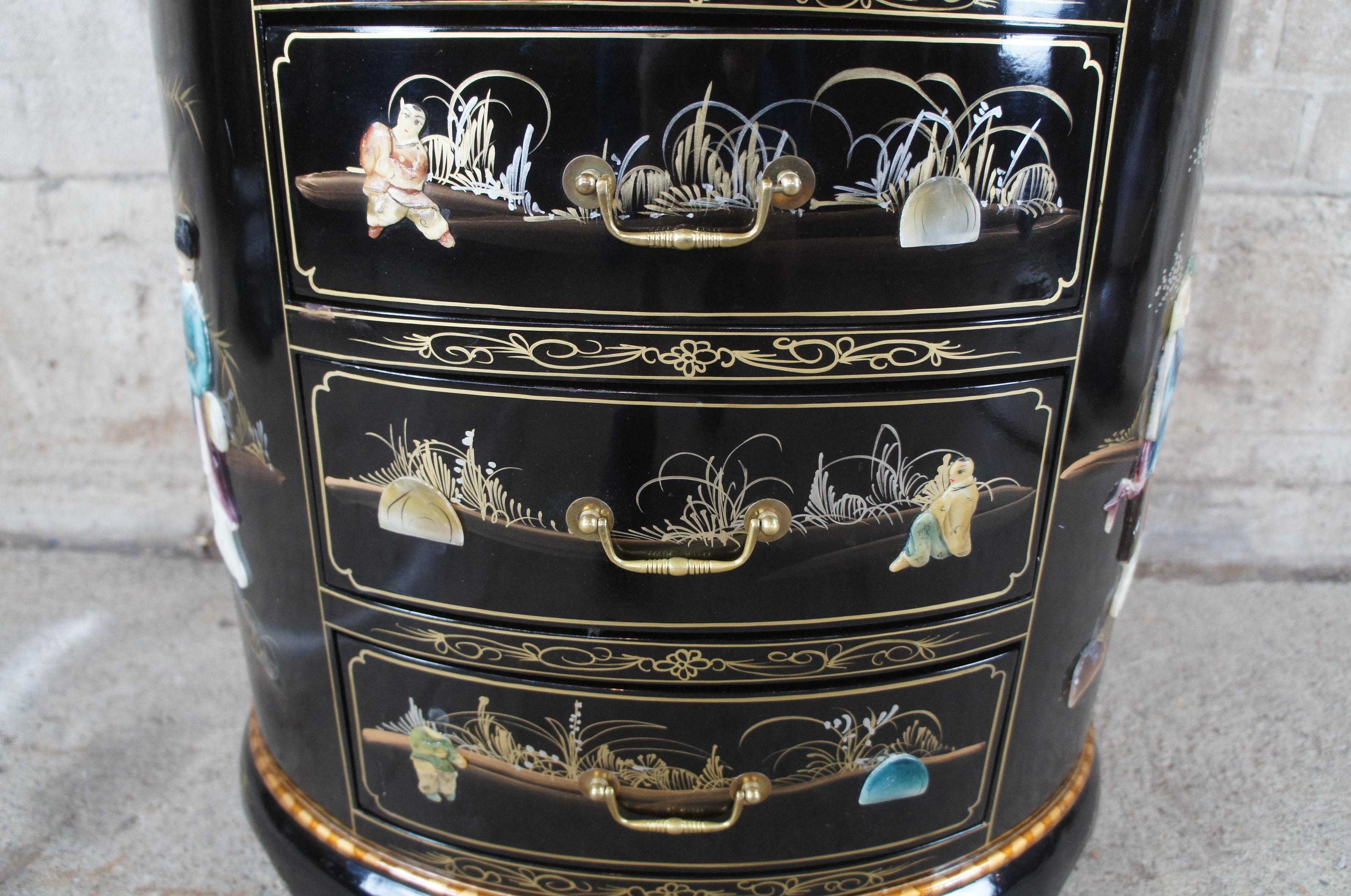 Chinese Black Lacquer Oval Three Drawer Chest End Table Soapstone Chinoiserie 8