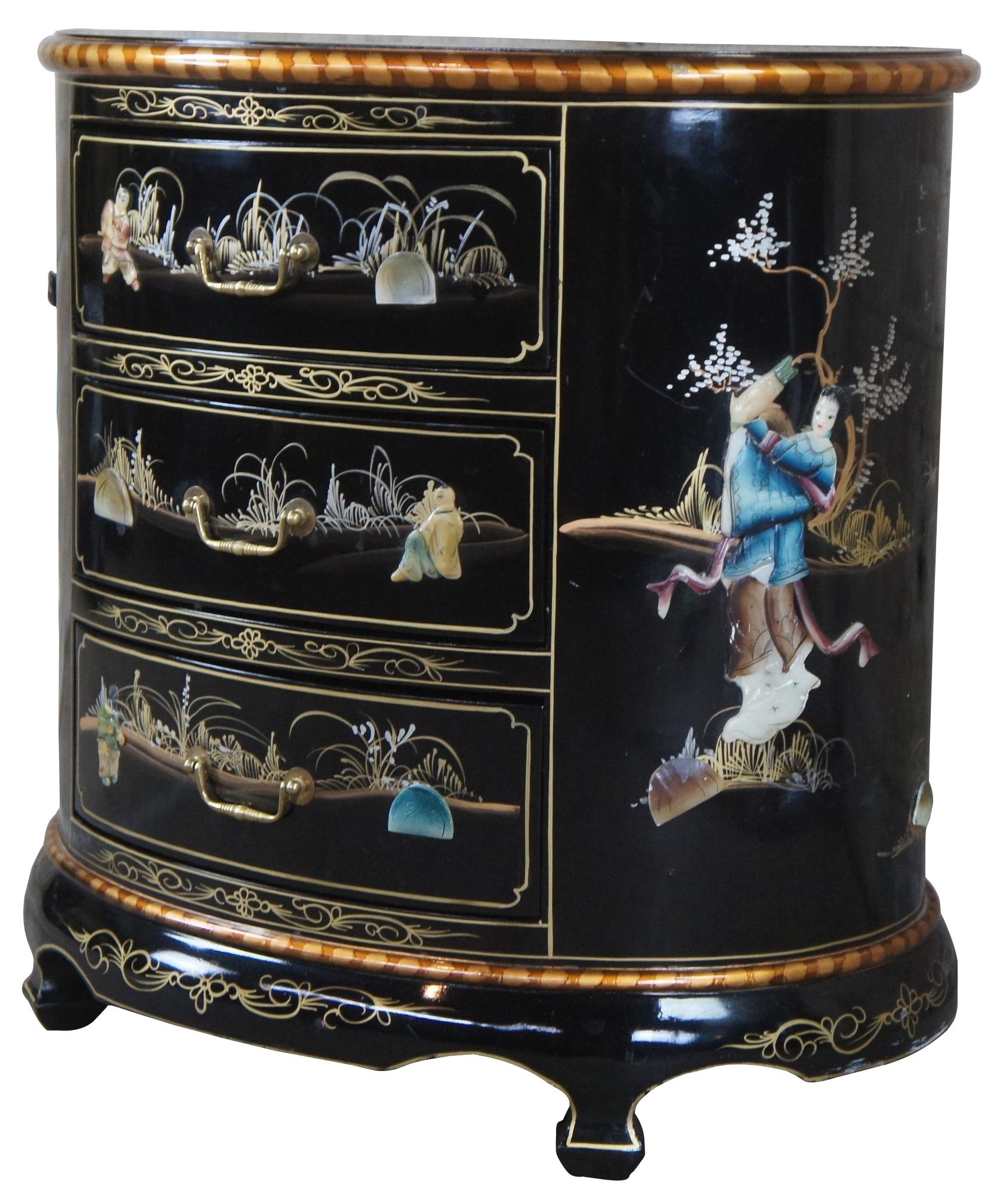 Chinese Black Lacquer Oval Three Drawer Chest End Table Soapstone Chinoiserie In Good Condition In Dayton, OH