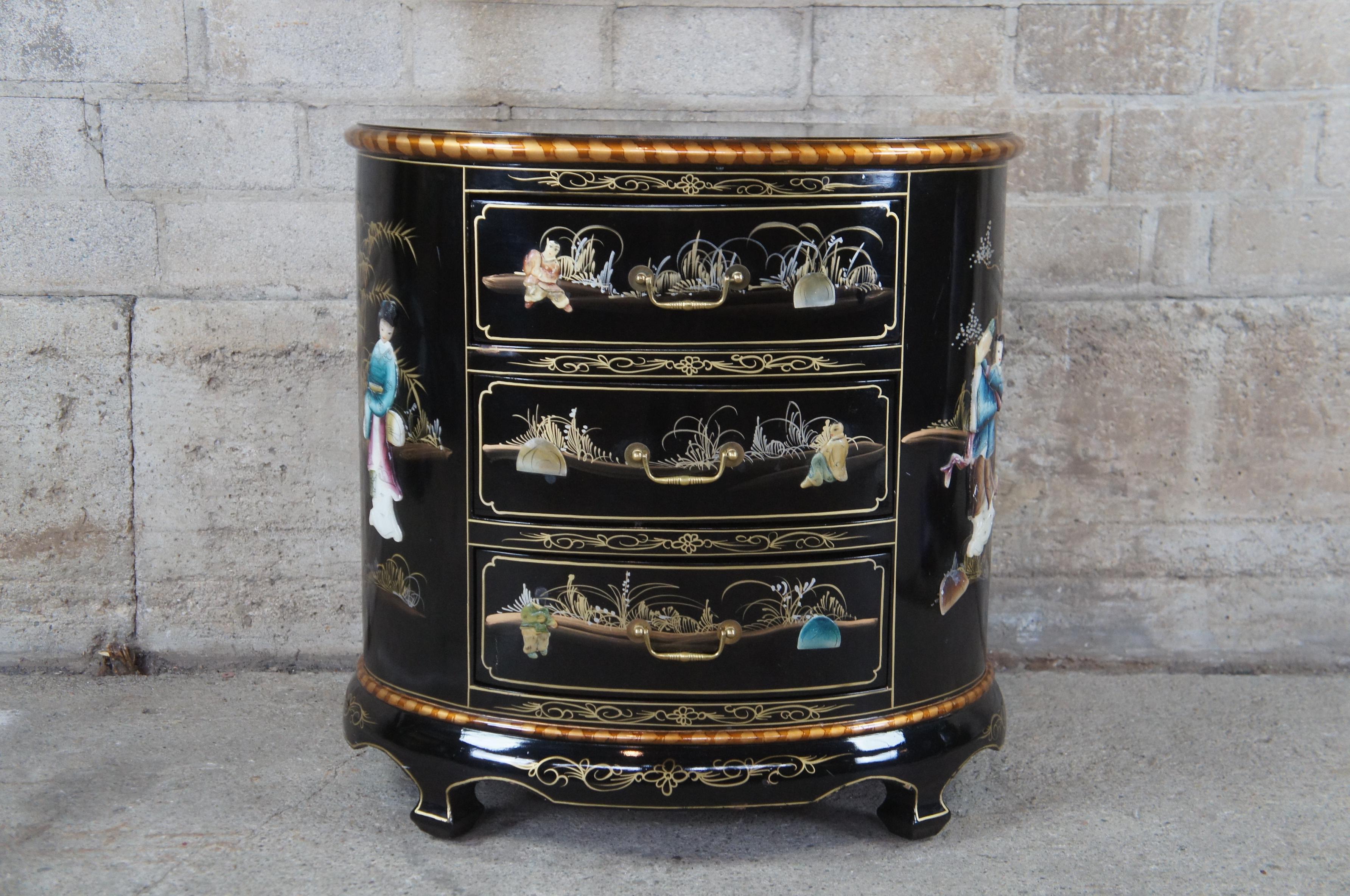 20th Century Chinese Black Lacquer Oval Three Drawer Chest End Table Soapstone Chinoiserie