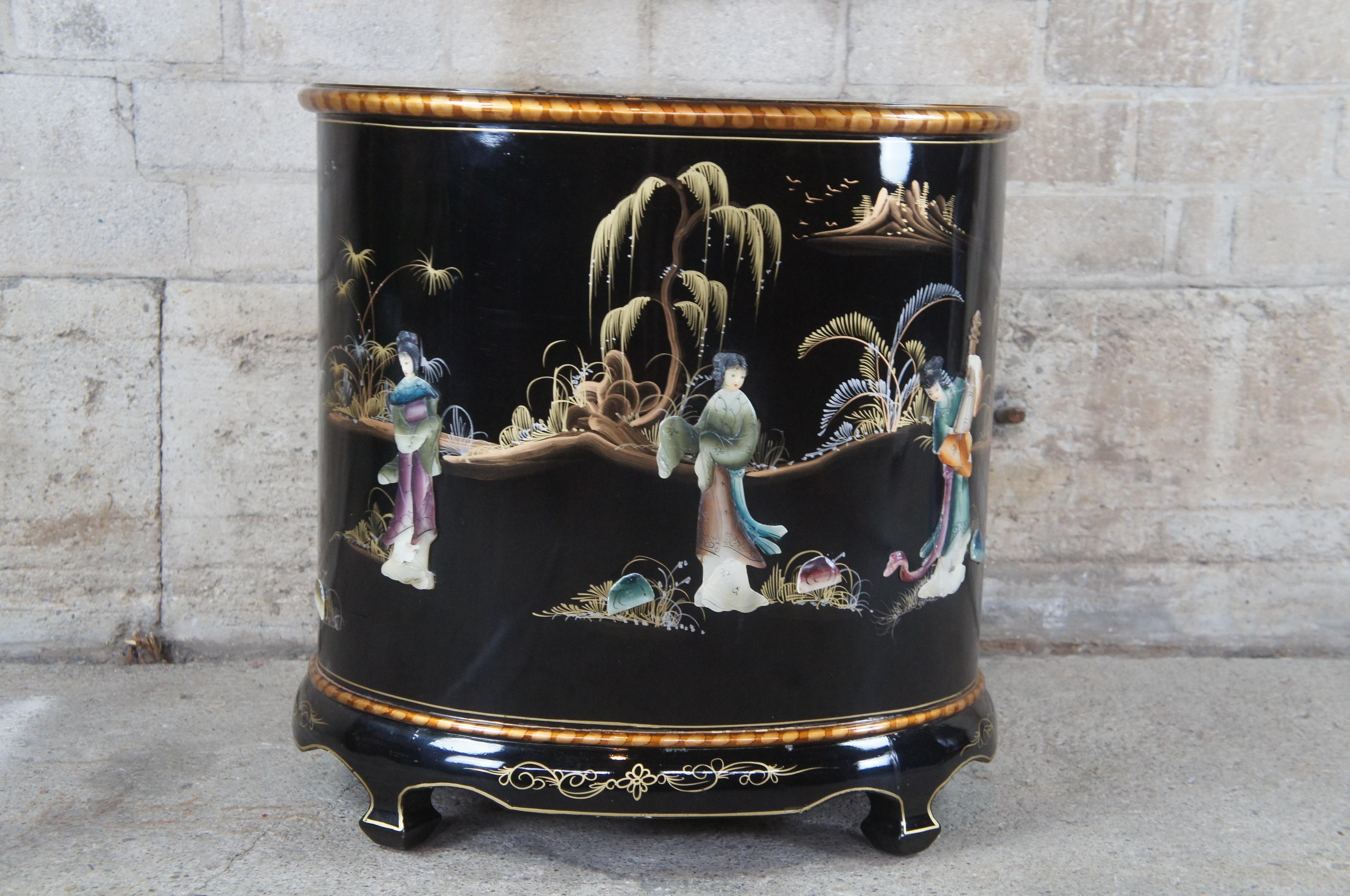 Chinese Black Lacquer Oval Three Drawer Chest End Table Soapstone Chinoiserie 5