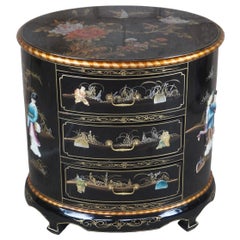 Retro Chinese Black Lacquer Oval Three Drawer Chest End Table Soapstone Chinoiserie