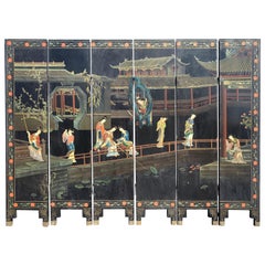 Vintage Chinese Black Lacquer Polychrome Six-Panel Screen or Room Divider