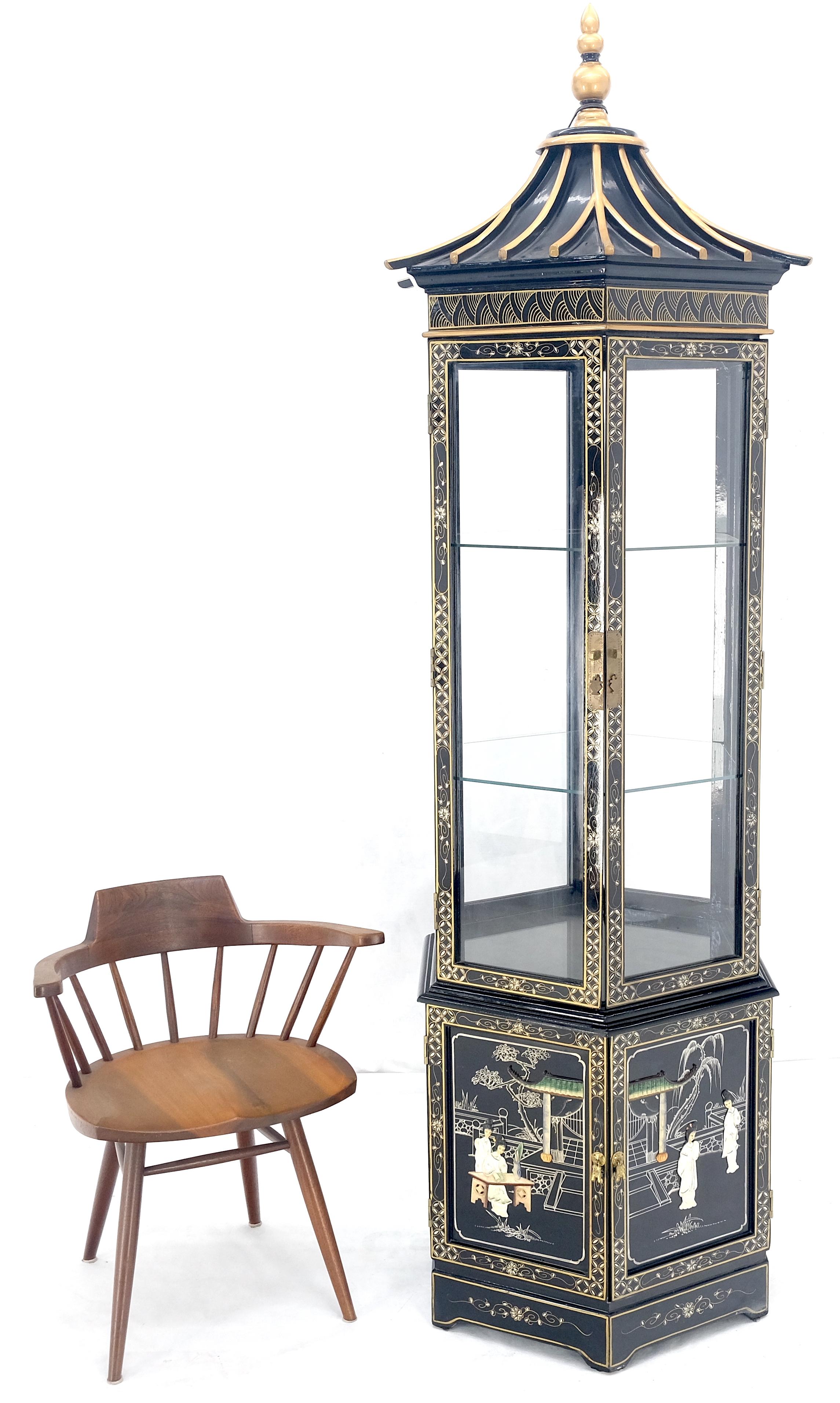 Chinesisch Schwarz Lack Rund Sechseck Pagode Top Perlmutt Vitrine Display im Angebot 6