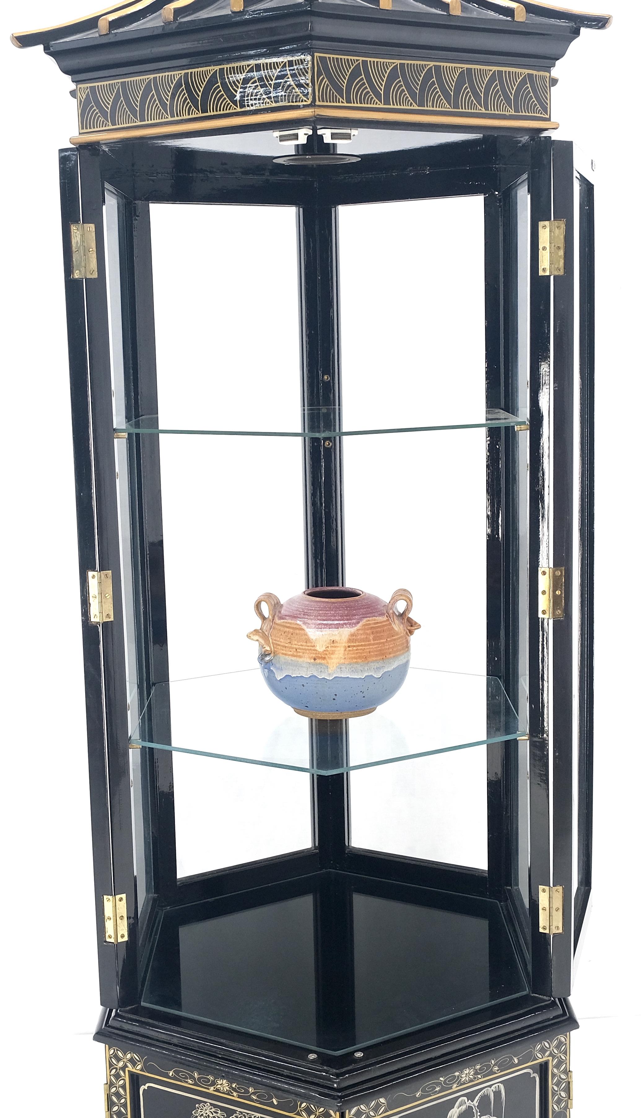 Chinesisch Schwarz Lack Rund Sechseck Pagode Top Perlmutt Vitrine Display im Angebot 8