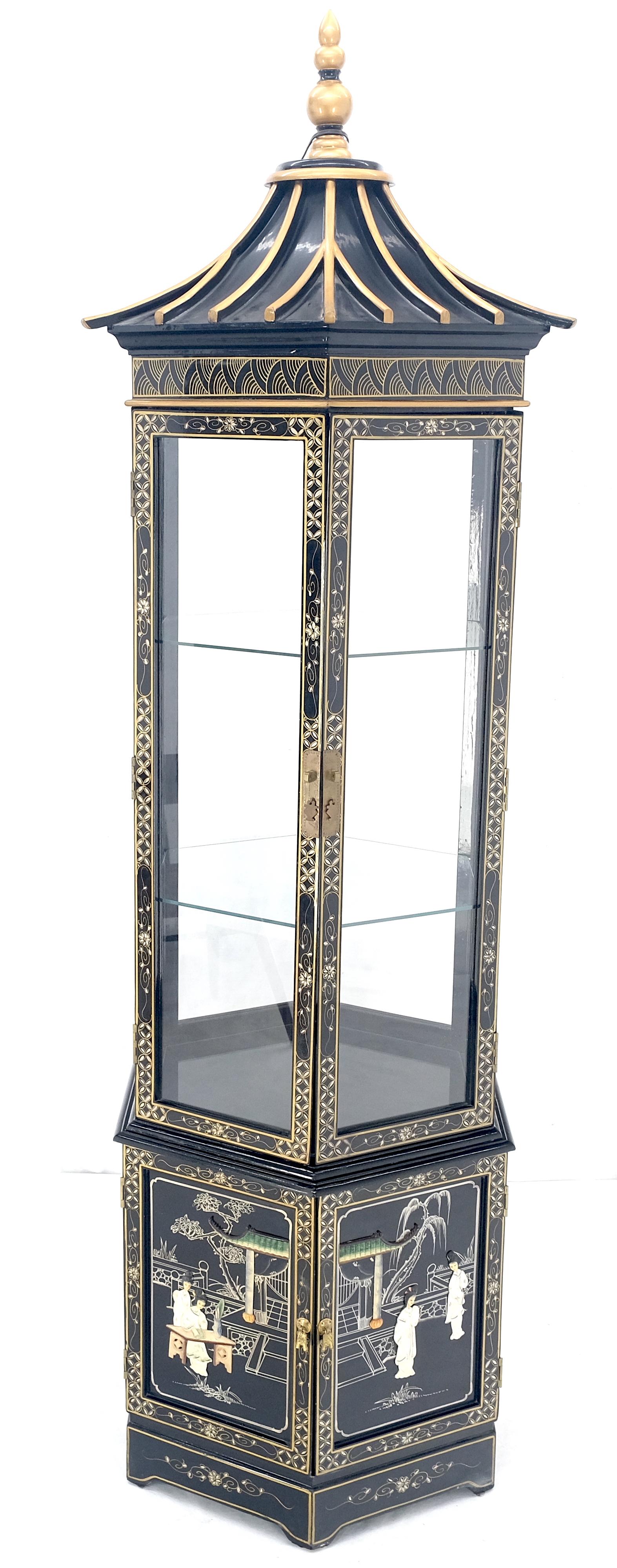 Chinesisch Schwarz Lack Rund Sechseck Pagode Top Perlmutt Vitrine beleuchtet zwei Türen Vitrine Regale MINT!