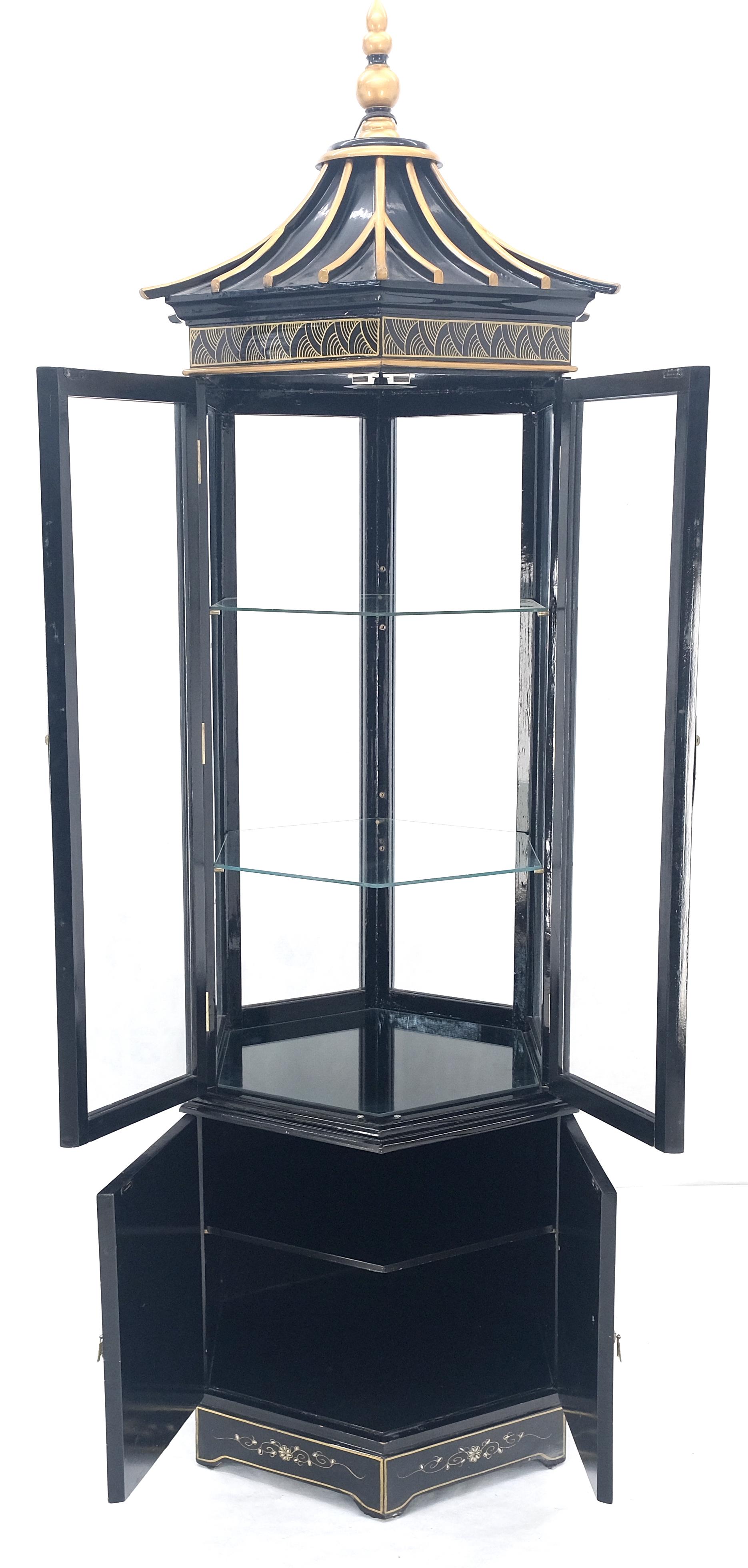 Chinesisch Schwarz Lack Rund Sechseck Pagode Top Perlmutt Vitrine Display im Angebot 1