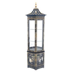 Chinesisch Schwarz Lack Rund Sechseck Pagode Top Perlmutt Vitrine Display
