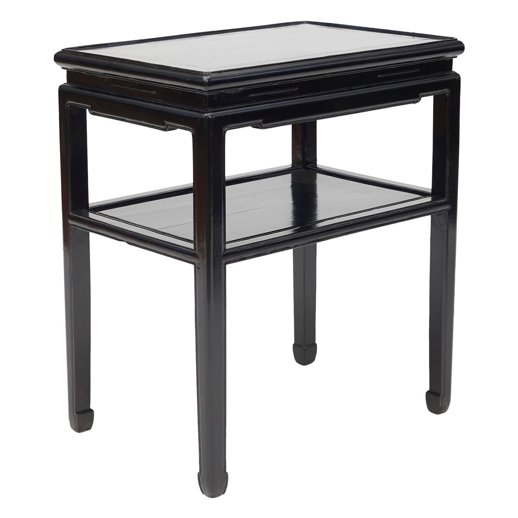 Chinese Black Lacquer Side Table with Shelf, circa 1920