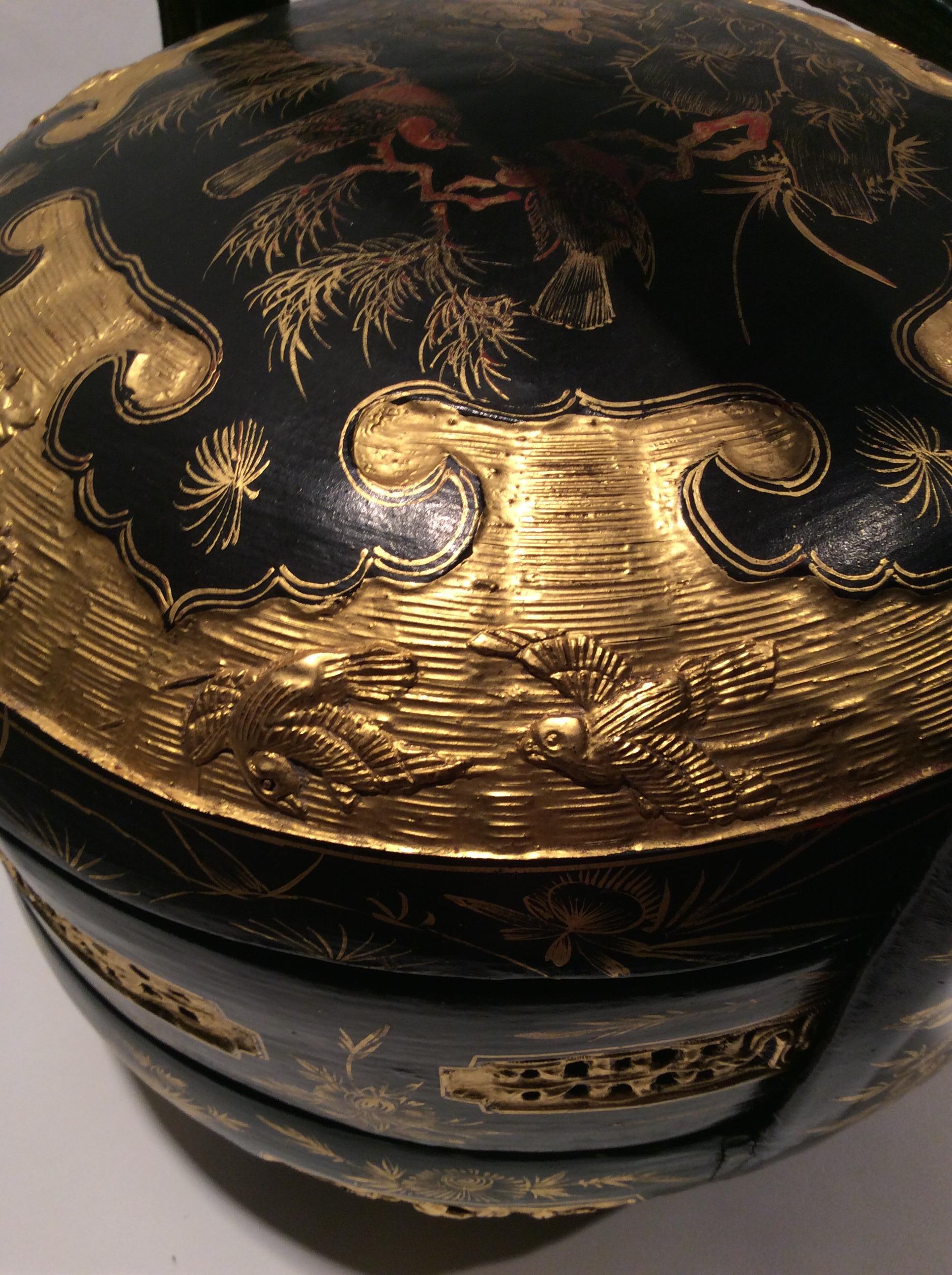 19th Century Chinese Black Lacquer Stacking Lunch Box