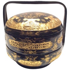 Antique Chinese Black Lacquer Stacking Lunch Box