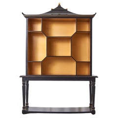 Chinese Black Lacquer Two Part Pagoda Top Bookshelf Etagere