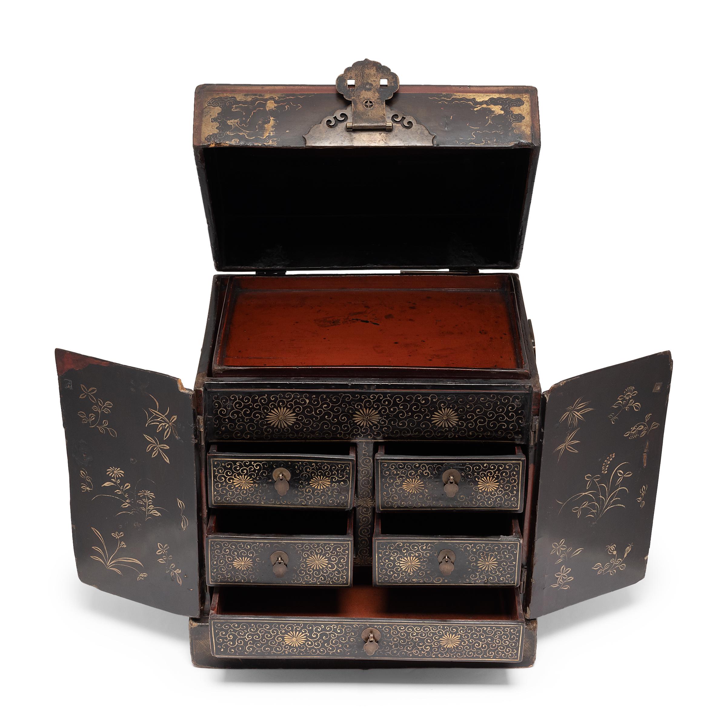 Brass Chinese Black Lacquer Vanity Box, c. 1850 For Sale