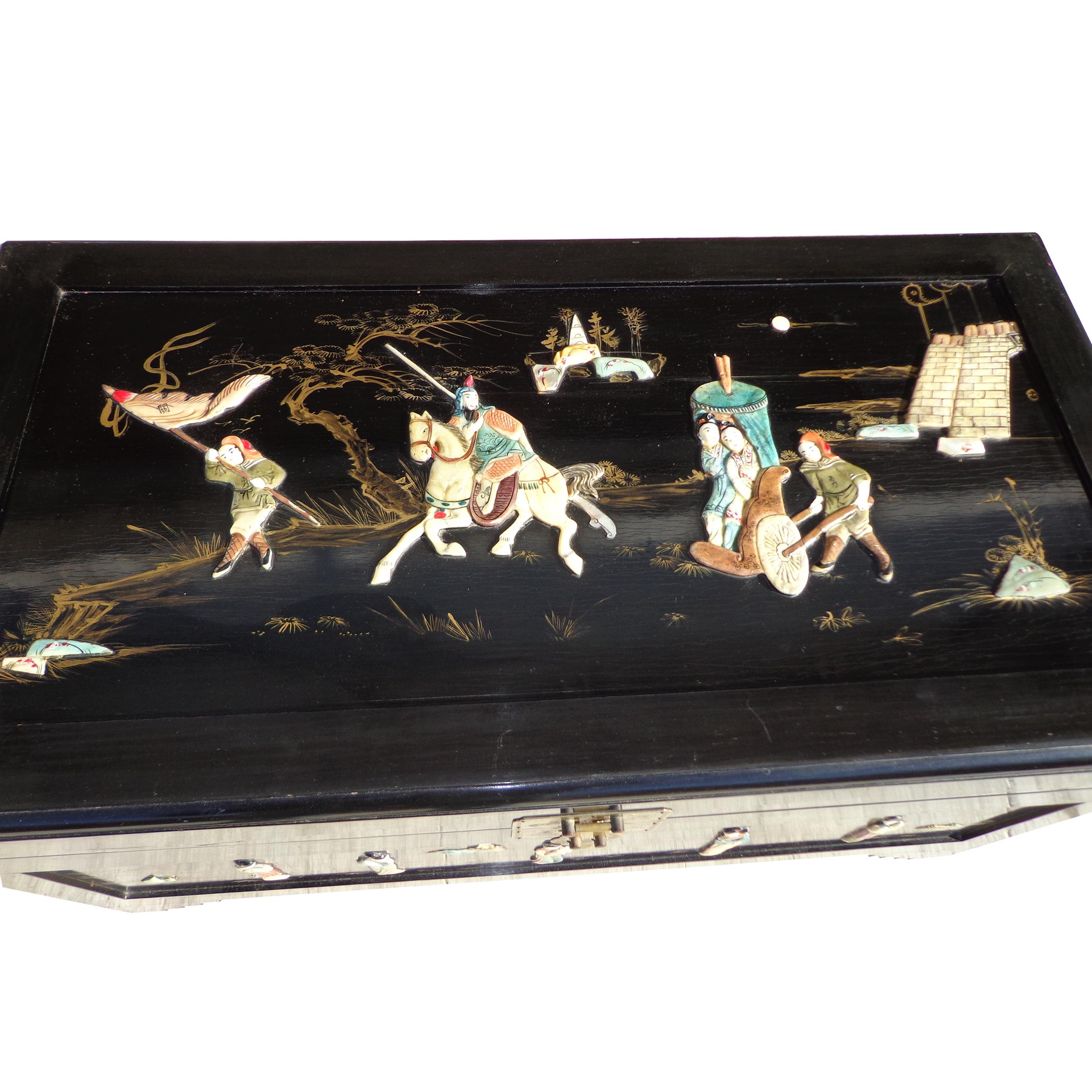 Wood Chinese Black Lacquer Wedding Chest For Sale