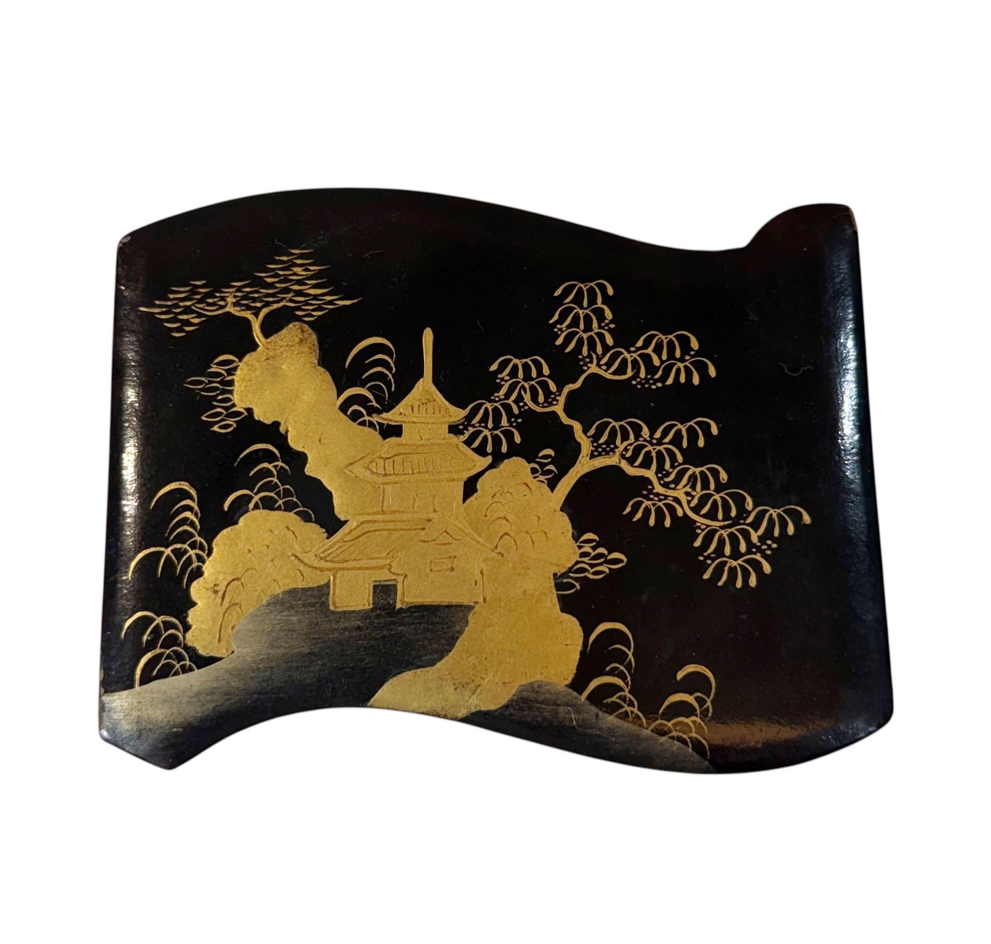 Chinese black lacquer box dating from the early 1800s to 1820s. This piece was originally an interior compartment from a larger work box, made for export during the period. The surface shows an elegant swirling lacquer pattern with unusually heavy
