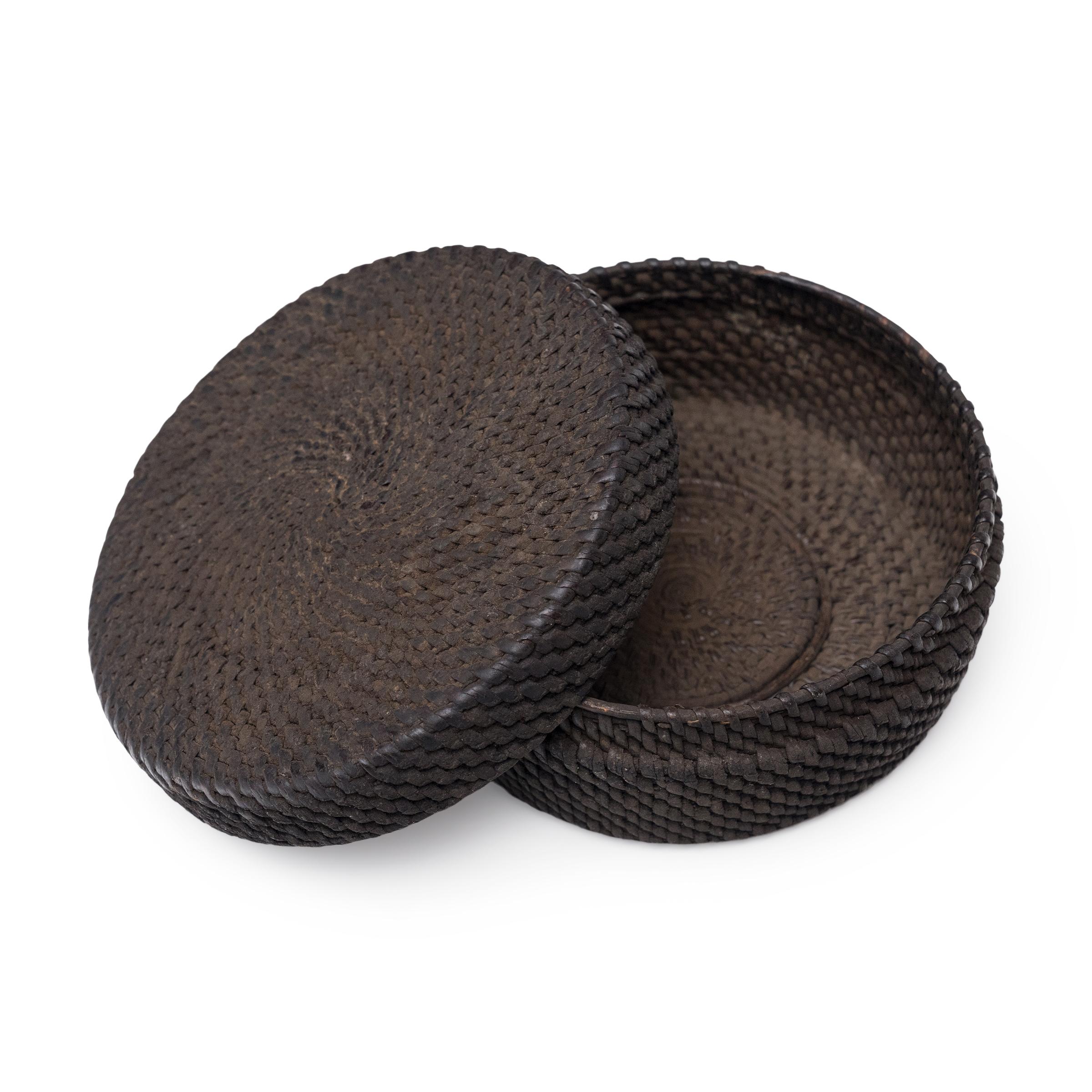 Rustic Chinese Black Lacquer Woven Box, c. 1900 For Sale
