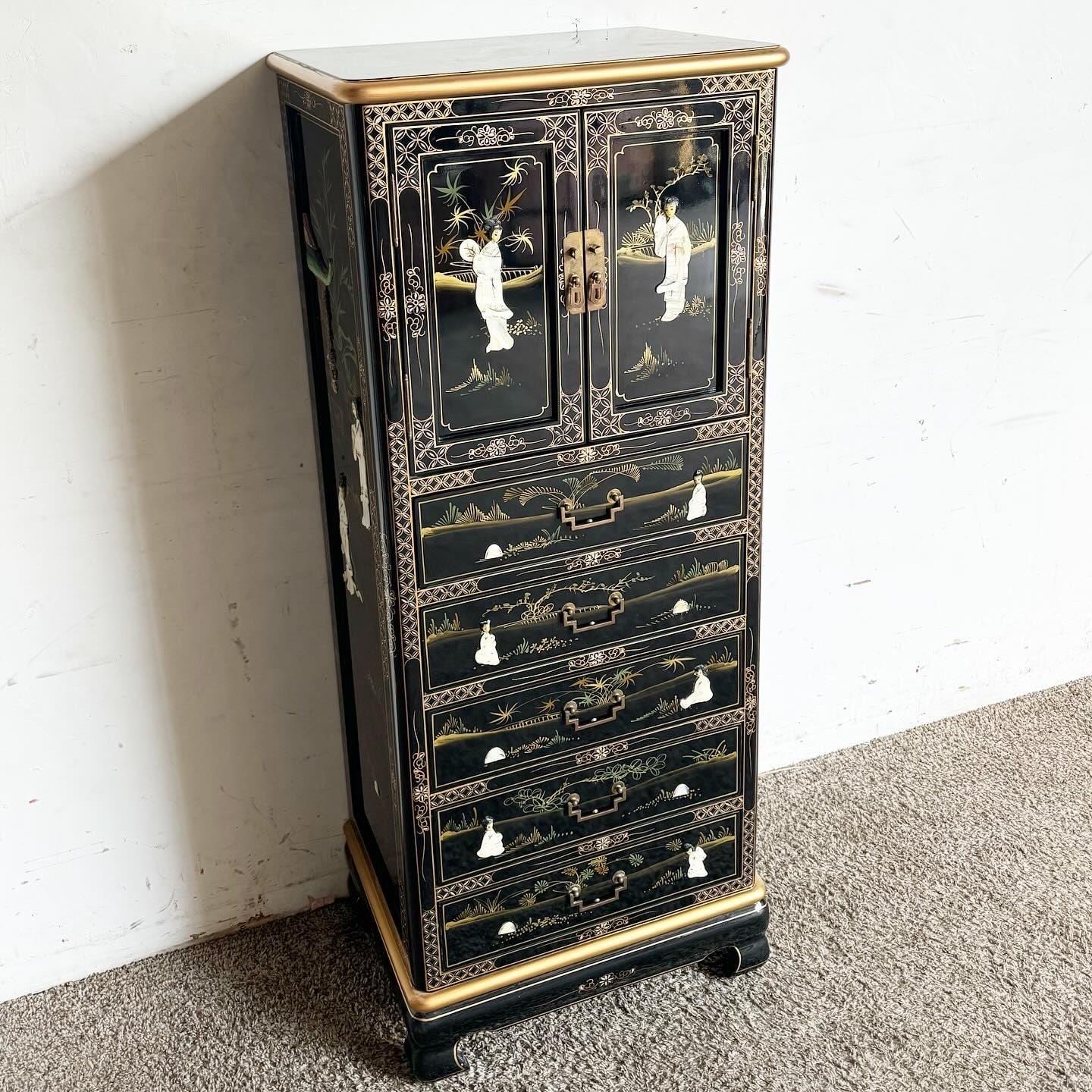 Chinesischer schwarz lackierter und goldfarbener handbemalter Dessous-Schrank im Zustand „Gut“ im Angebot in Delray Beach, FL