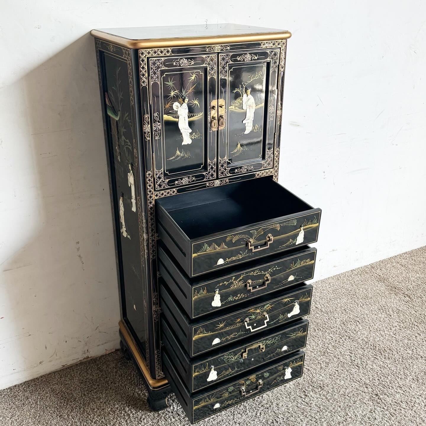 Chinesischer schwarz lackierter und goldfarbener handbemalter Dessous-Schrank im Angebot 2