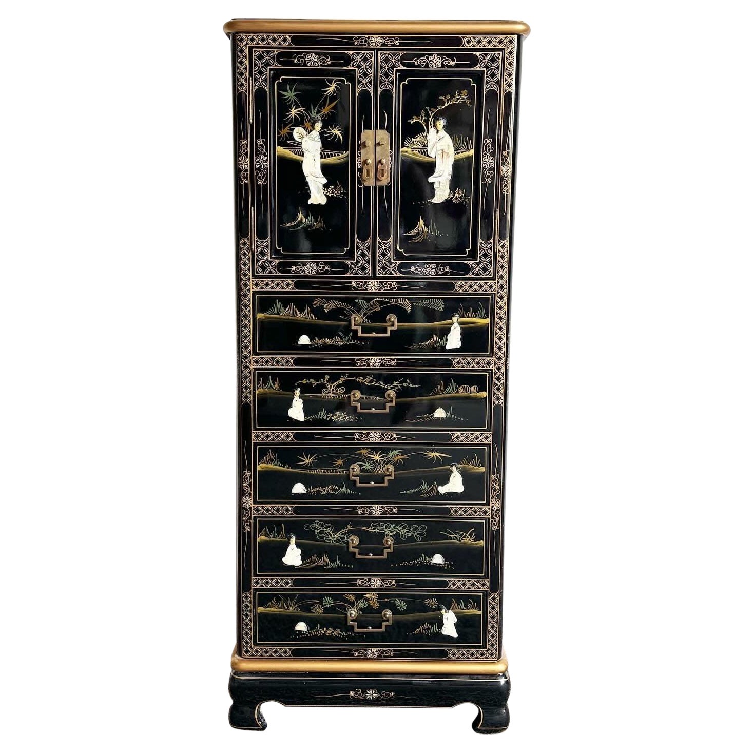 Chinese Black Lacquered and Gold Hand Painted Lingerie Armoire