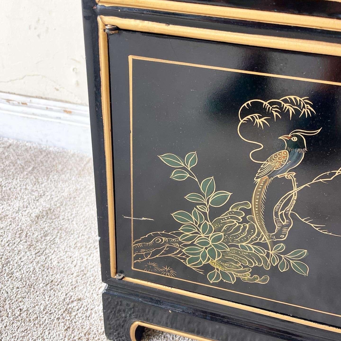 Chinese Black Lacquered and Gold Nightstand/End Table In Good Condition For Sale In Delray Beach, FL
