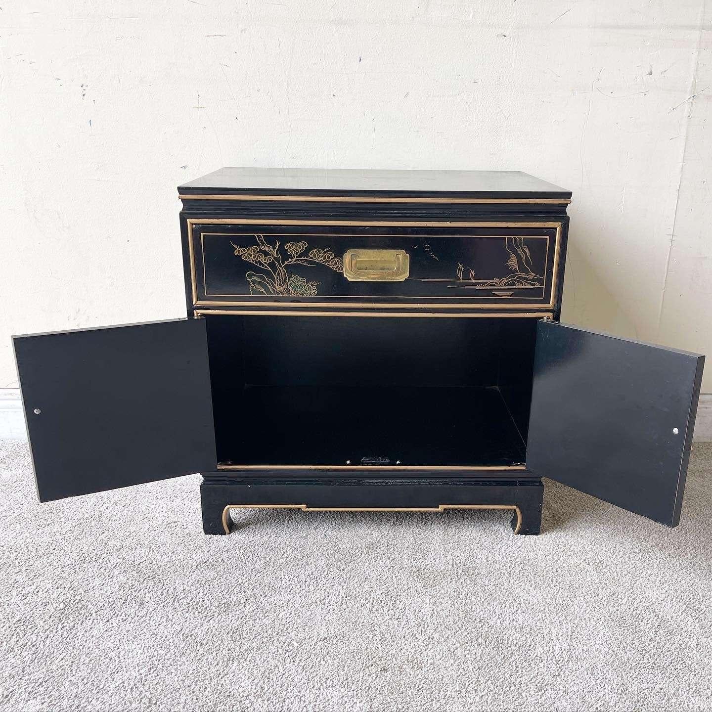 Late 20th Century Chinese Black Lacquered and Gold Nightstand/End Table For Sale