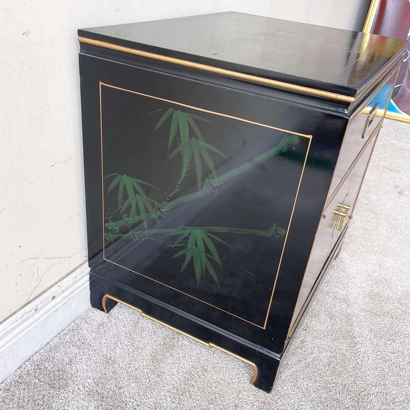 Brass Chinese Black Lacquered and Gold Nightstand/End Table For Sale