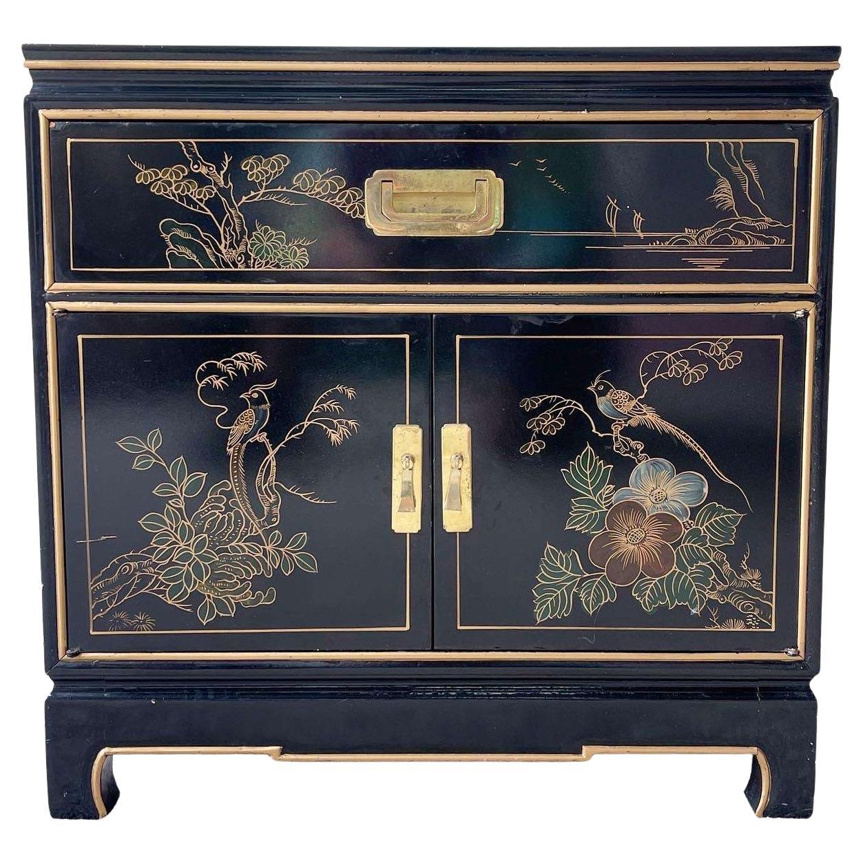 Chinese Black Lacquered and Gold Nightstand/End Table For Sale