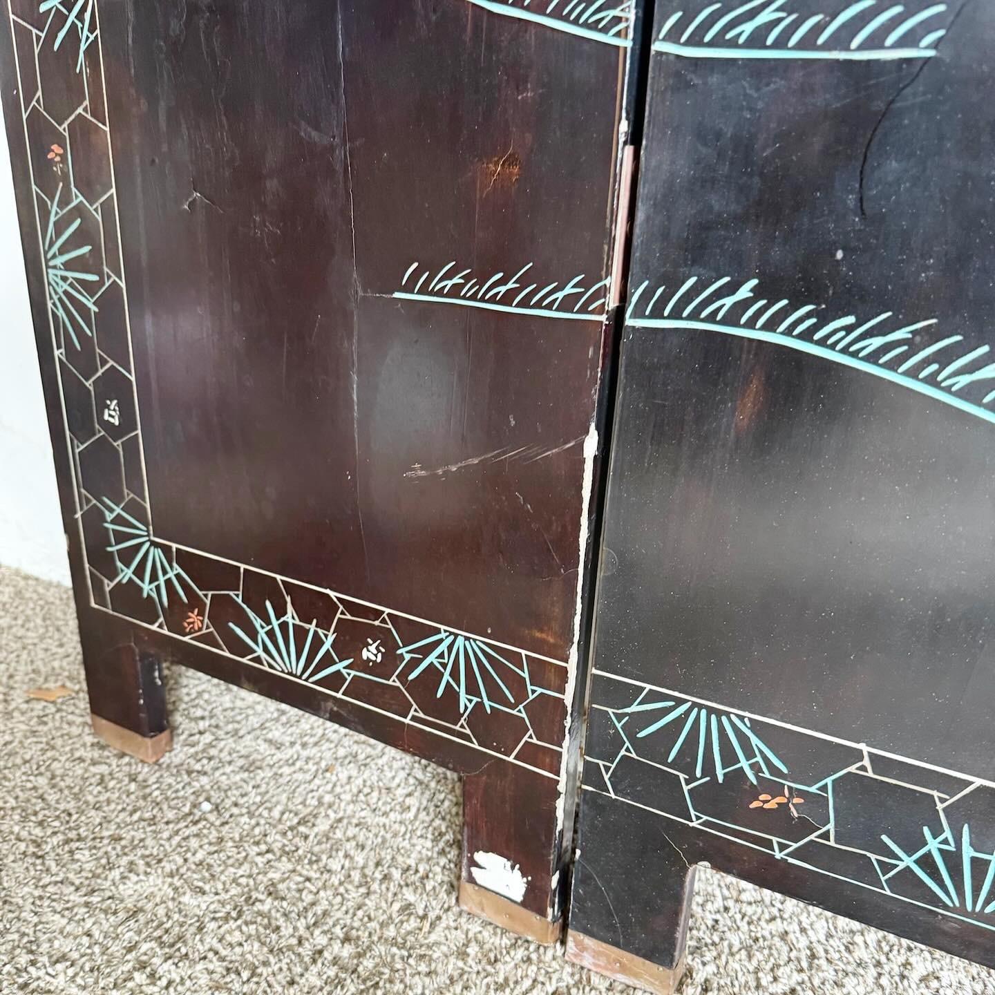Late 20th Century Chinese Black Lacquered and Hand Carved/Painted Room Divider/Screen - 6 Panels For Sale