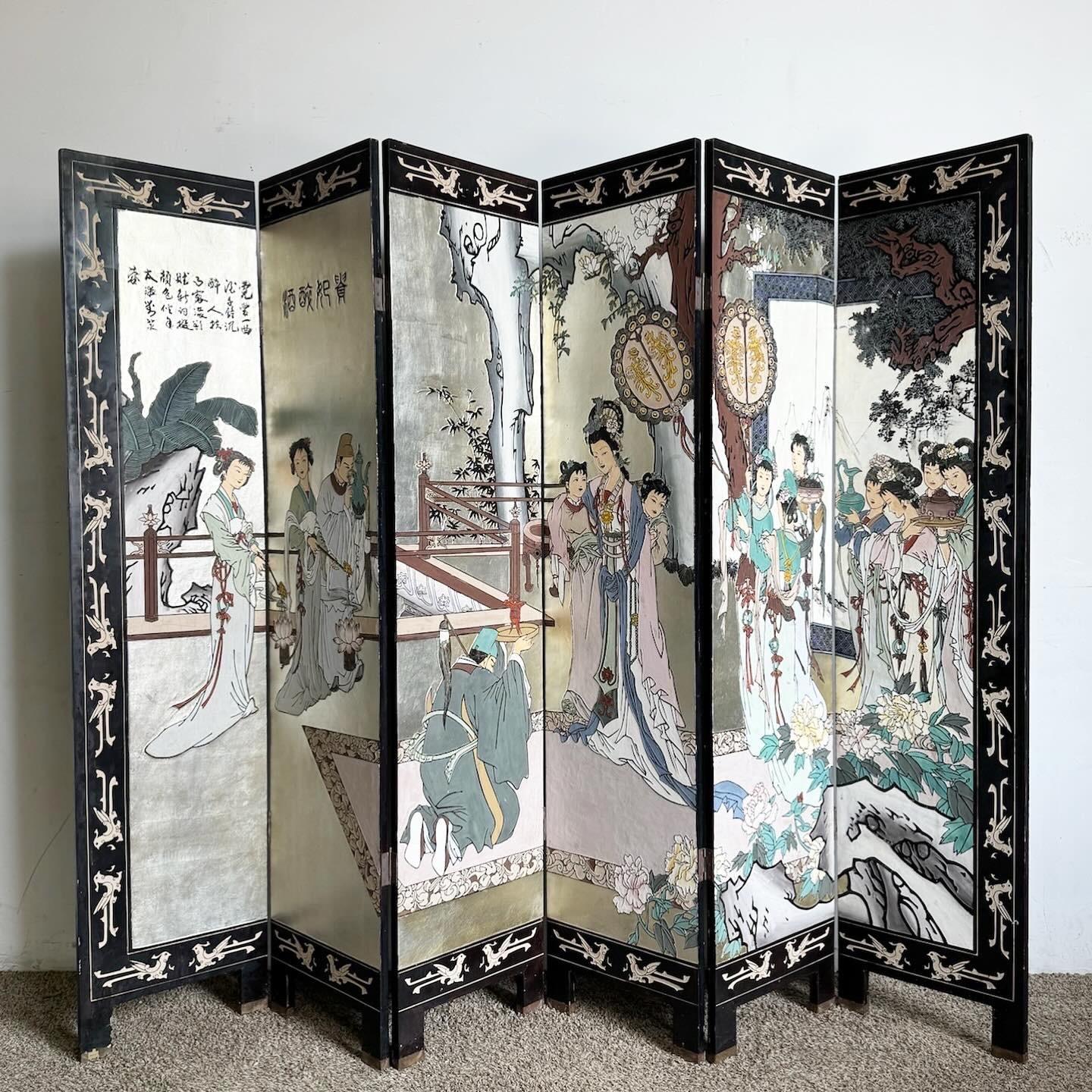 Chinese Black Lacquered and Hand Carved/Painted Room Divider/Screen - 6 Panels For Sale 1