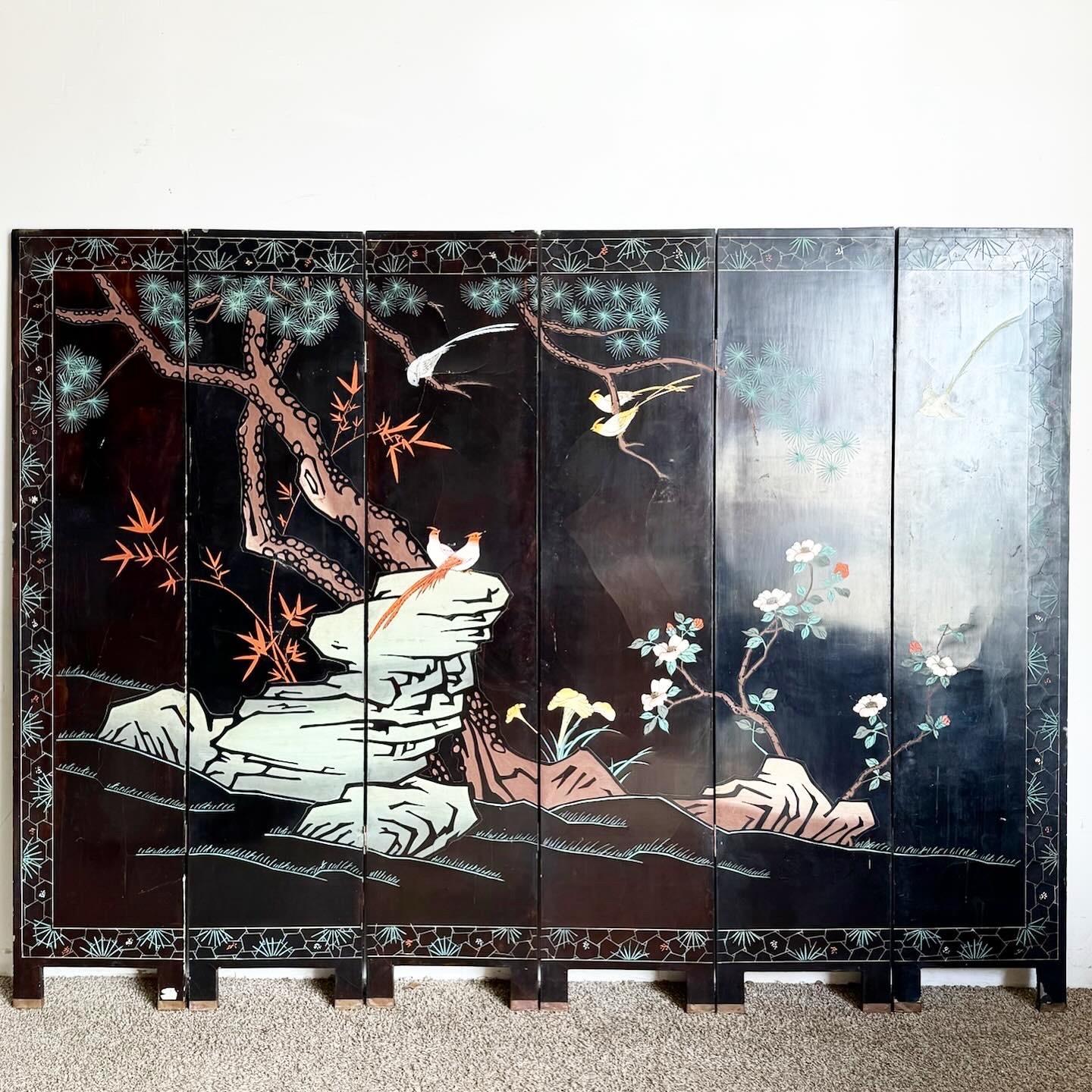 Chinese Black Lacquered and Hand Carved/Painted Room Divider/Screen - 6 Panels For Sale 3