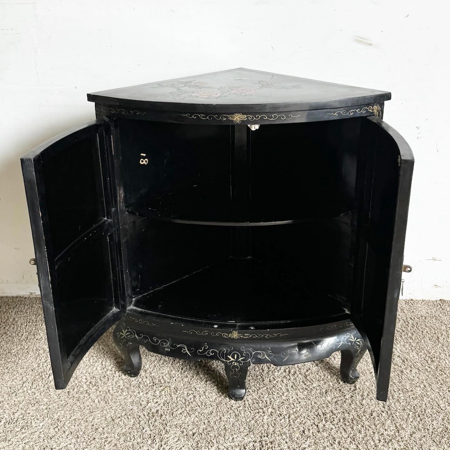 Chinese Black Lacquered and Hand Laminated Demi Lune Cabinet/Side Table In Good Condition For Sale In Delray Beach, FL