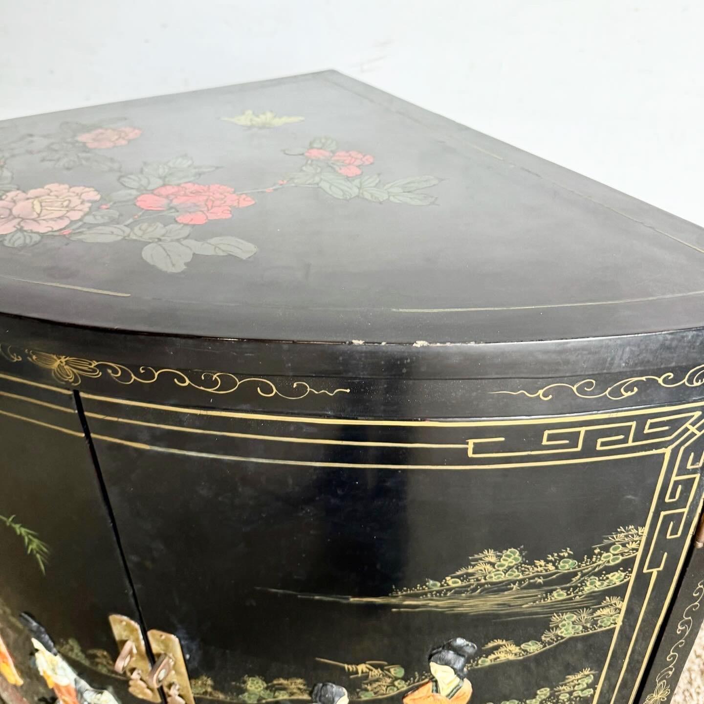 Late 20th Century Chinese Black Lacquered and Hand Laminated Demi Lune Cabinet/Side Table For Sale