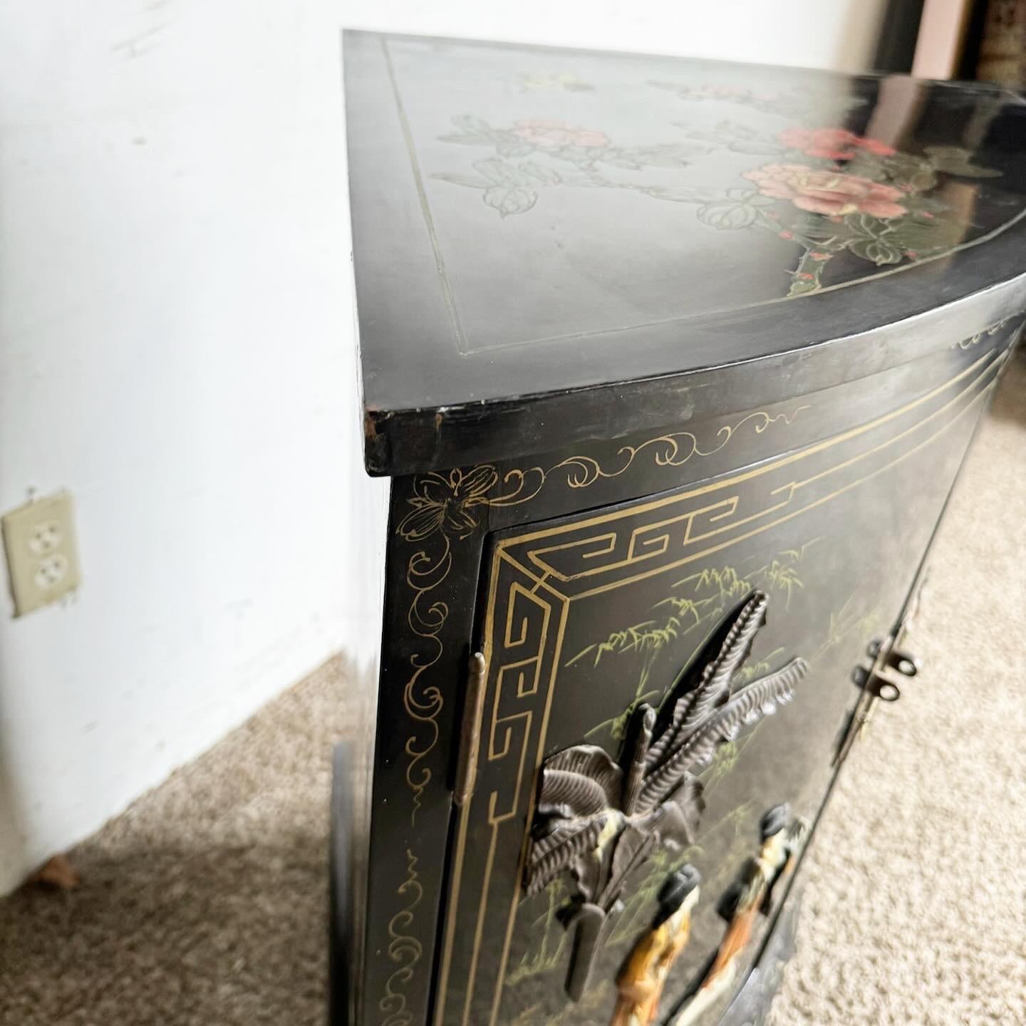 Wood Chinese Black Lacquered and Hand Laminated Demi Lune Cabinet/Side Table For Sale