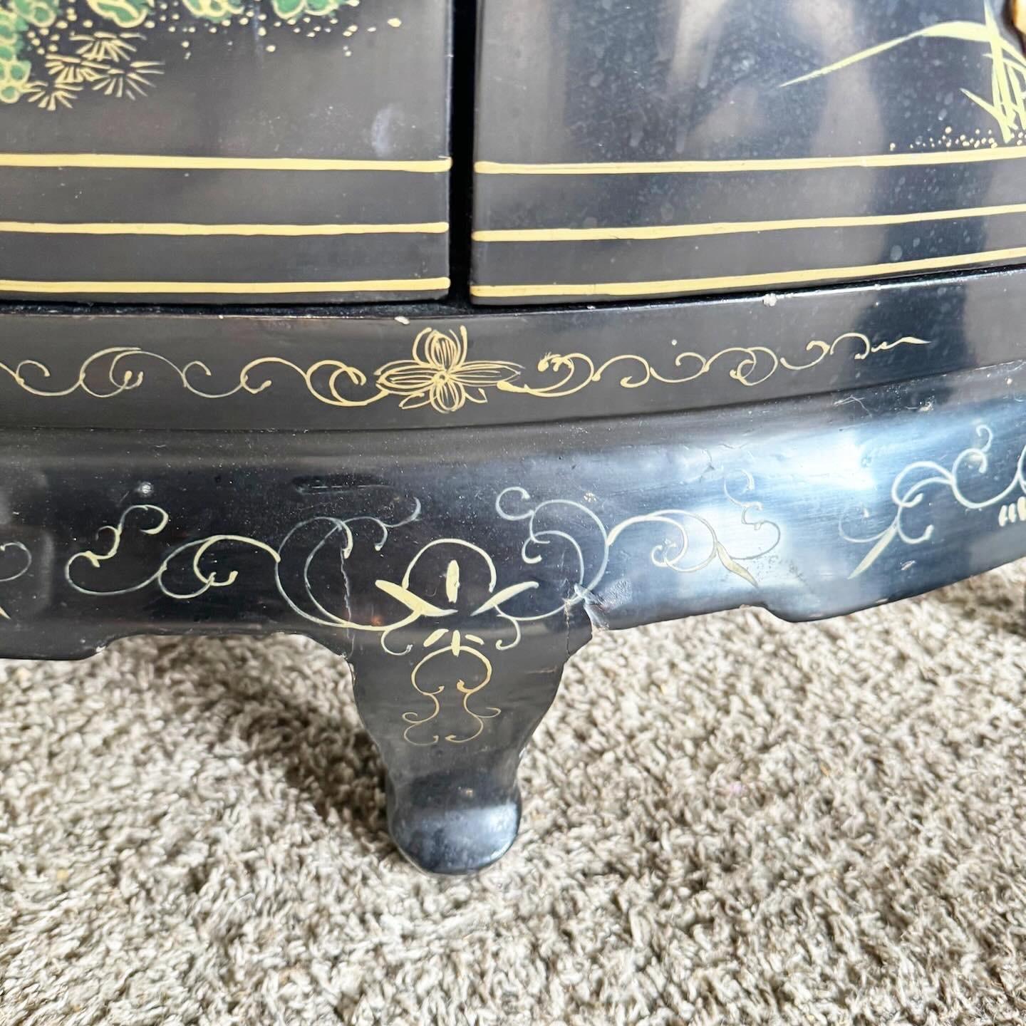Chinese Black Lacquered and Hand Laminated Demi Lune Cabinet/Side Table For Sale 1