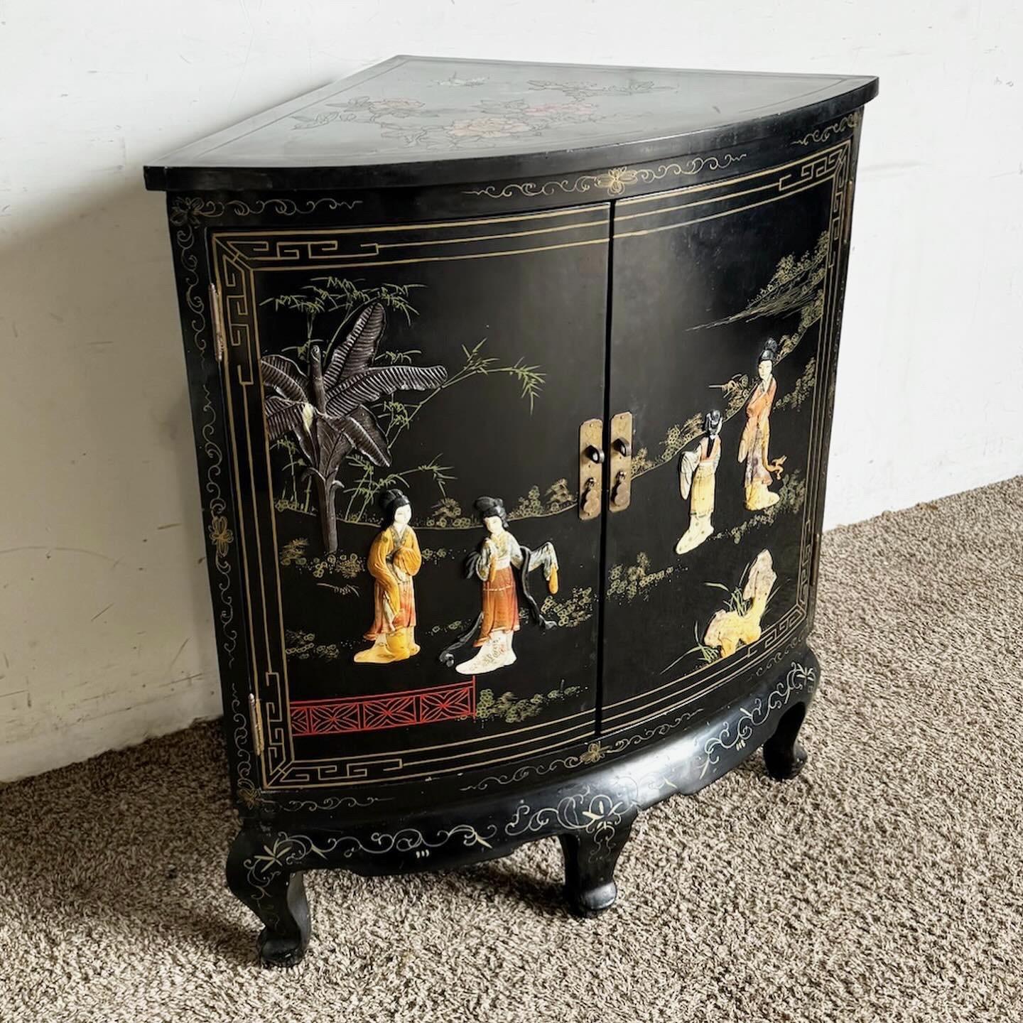 Chinese Black Lacquered and Hand Laminated Demi Lune Cabinet/Side Table For Sale 4