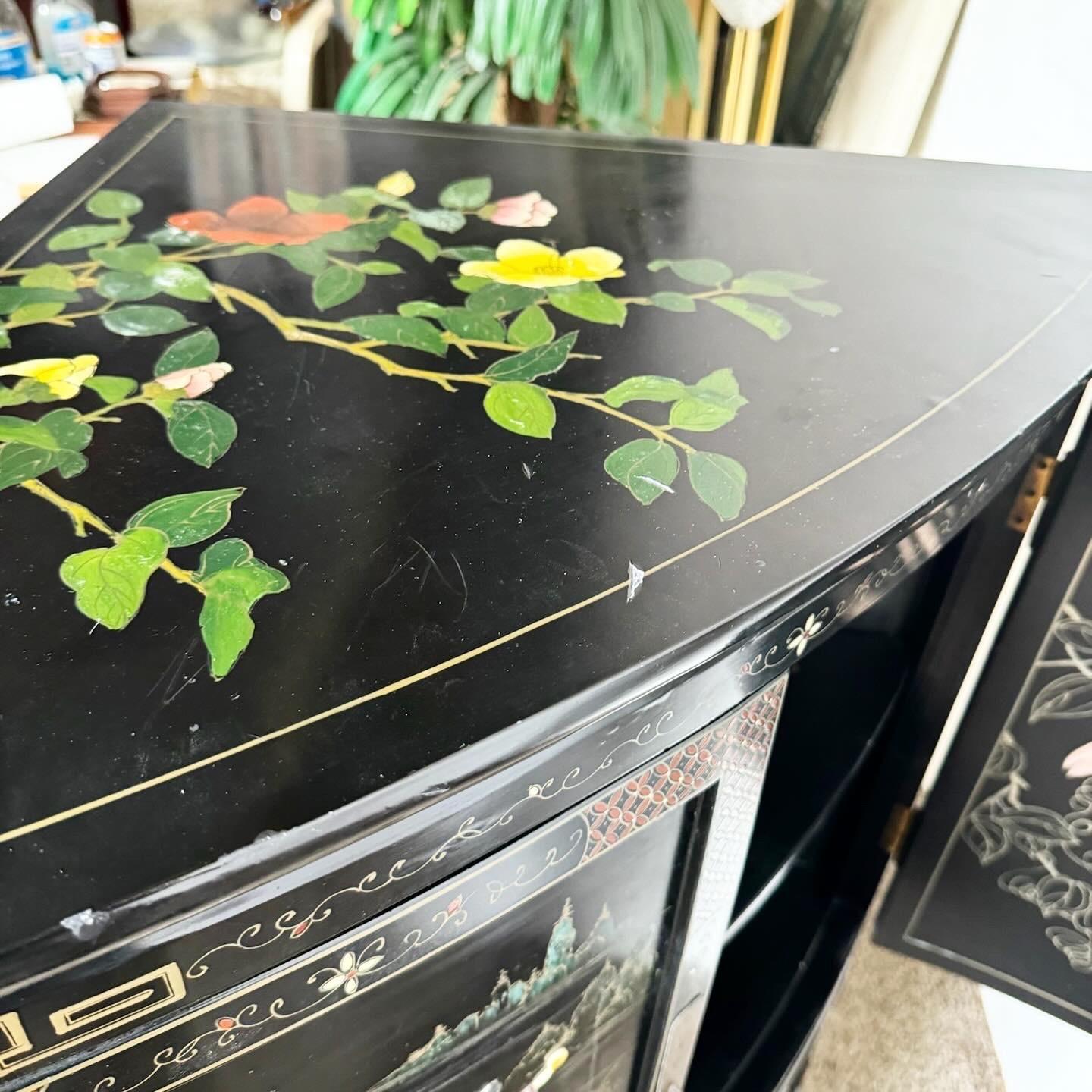 Chinese Black Lacquered and Hand Painted Demi Lune Cabinet For Sale 5